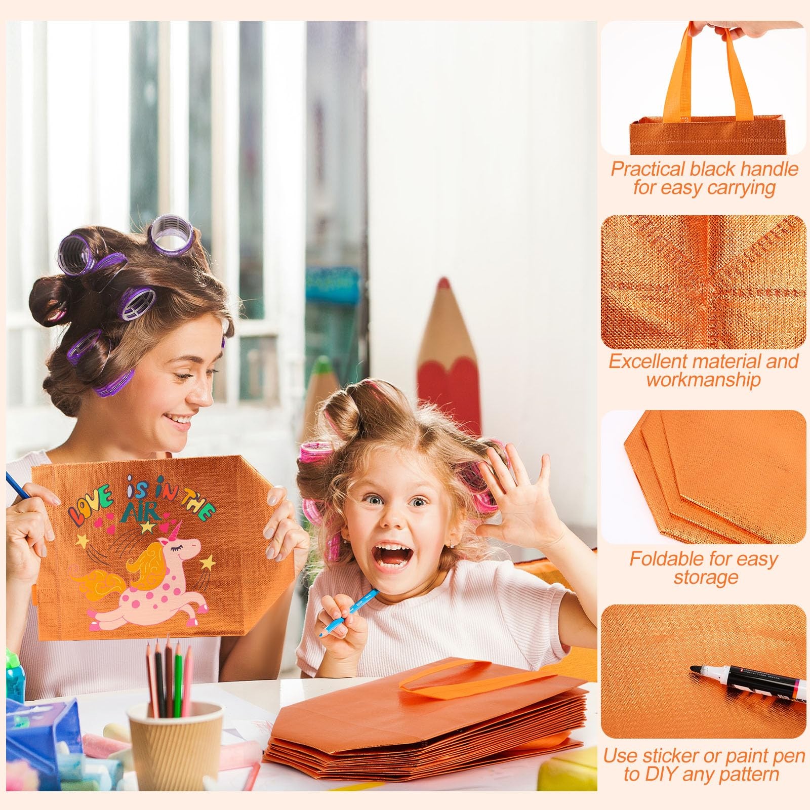 80 PCS Orange Glossy Reusable Gift Tote Bags Handles 10x8x4.7 Inch Grocery