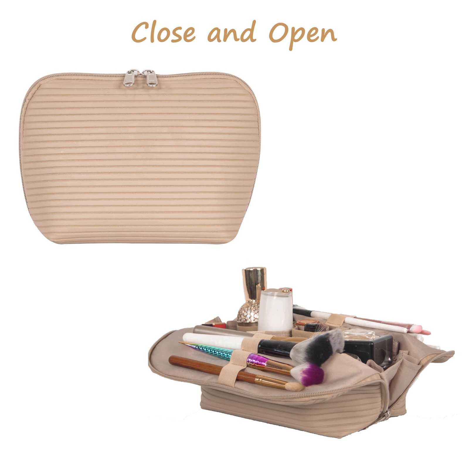 Tense Edano Travel Makeup Bag for Women, Waterproof Stand Up Medium, Camel