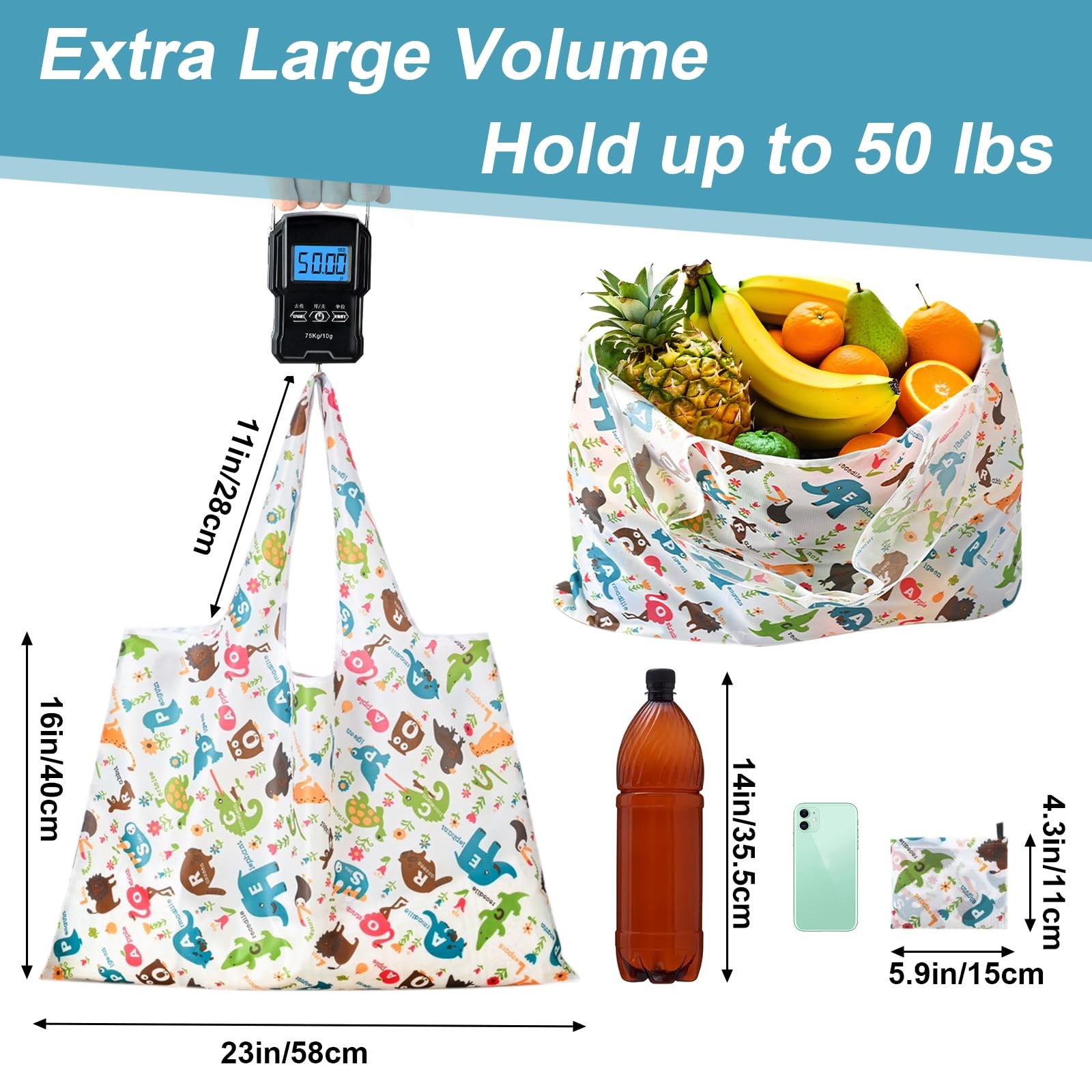 Extra Large Foldable Reusable Grocery Shopping Tote Bag 50 Lbs Capacity