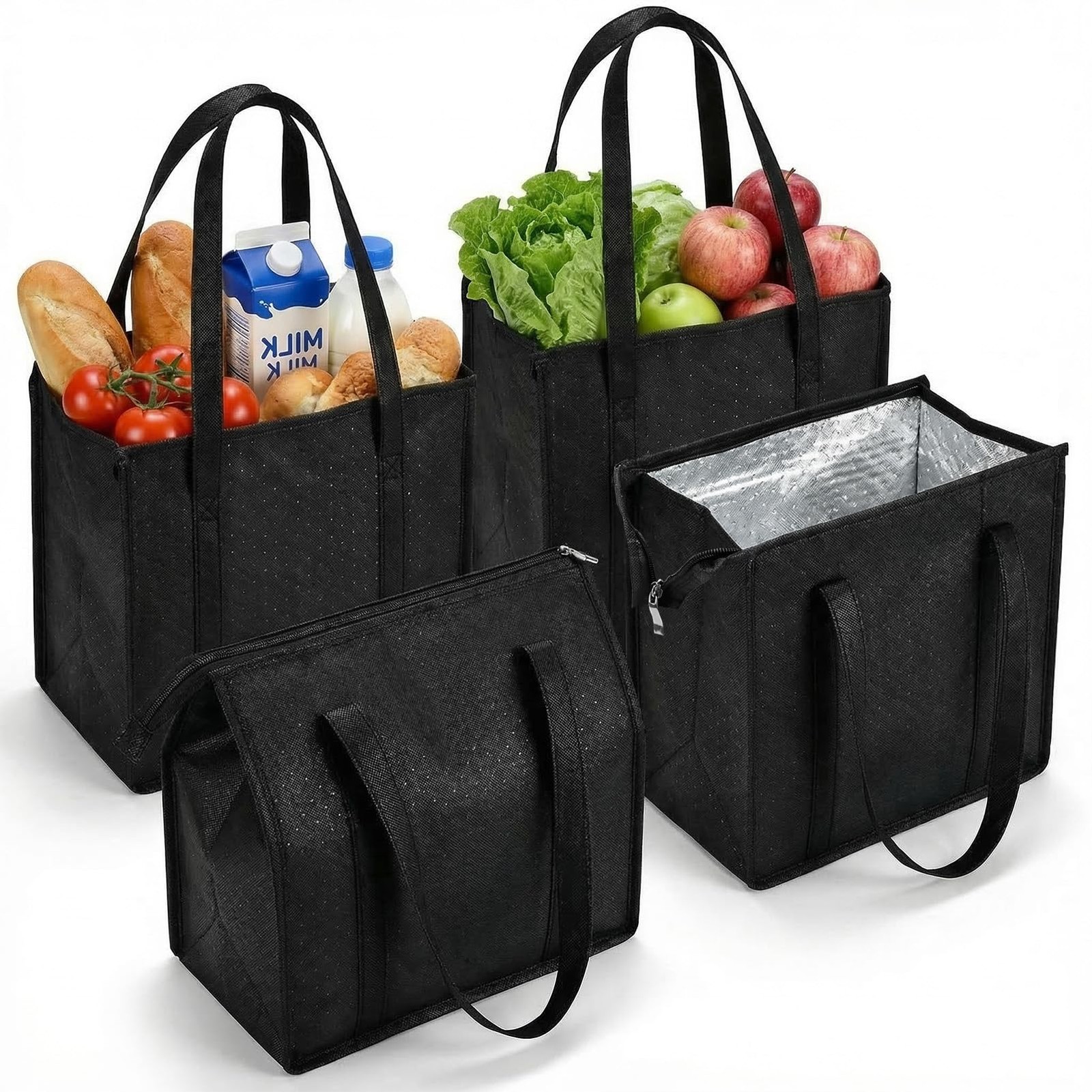 Black 4 PCS Leakproof Insulated Grocery Bags Thermal Tote 11.8x13x7.1 Inch
