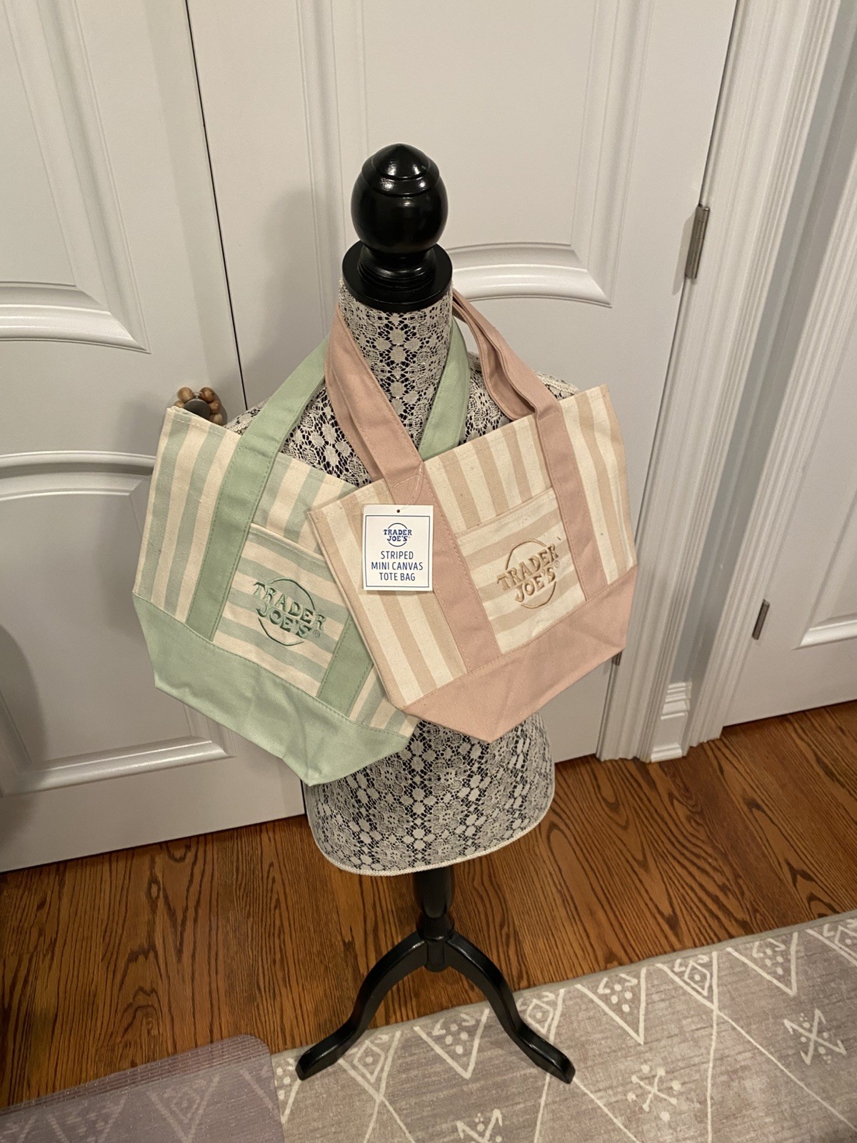 Trader Joe’s Pastel Mini Stripe Tote Bags LOT OF TWO NWT Authentic Green & Beige