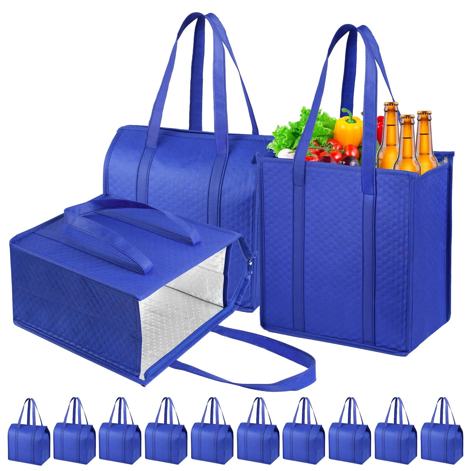 Reusable Grocery Bags 10 Pack Zippered Top Protable Cooler Bag Insulated Shop…