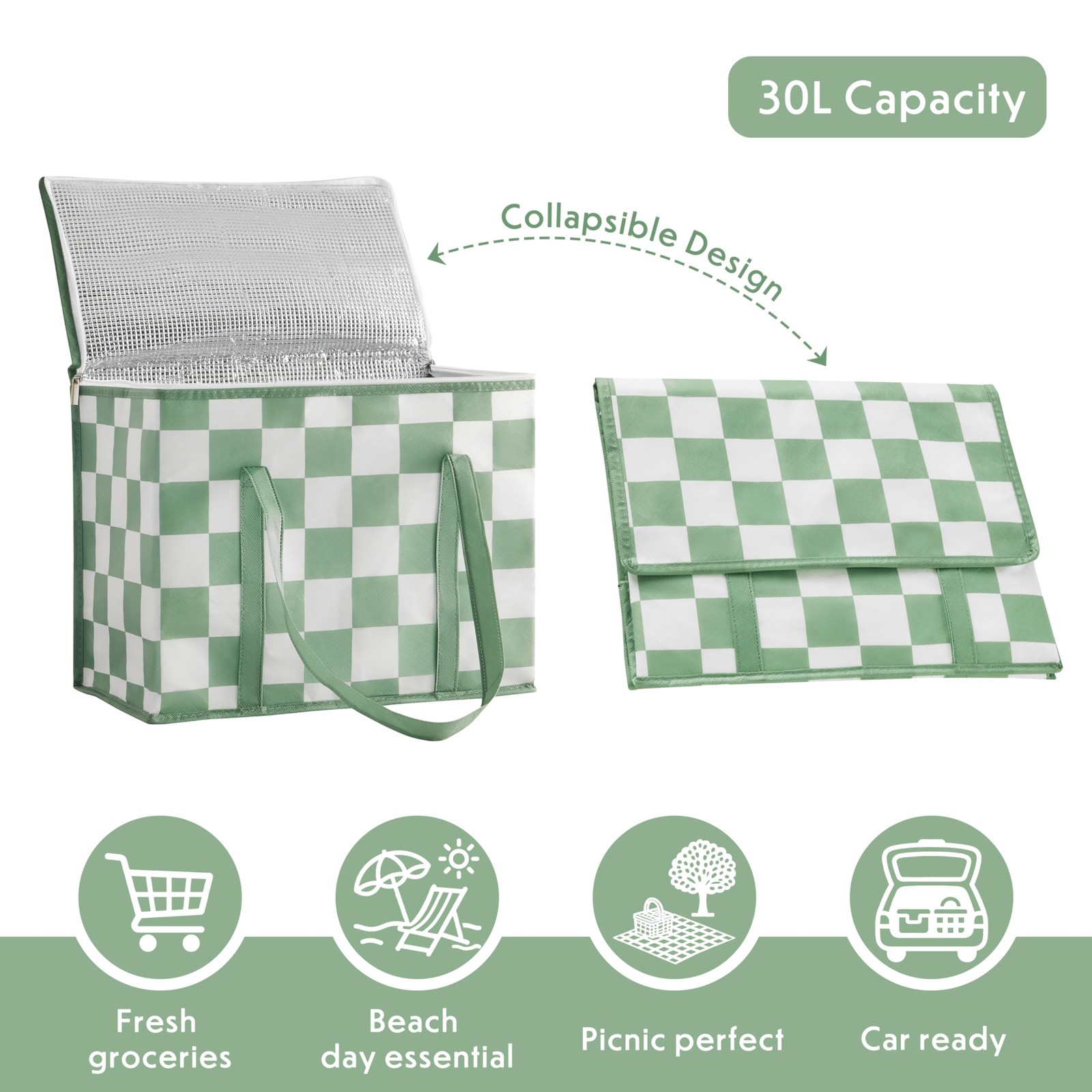 Sage Green Checkered Insulated Grocery Bags 2 Pack, Checkerboard Cooler Shopp…