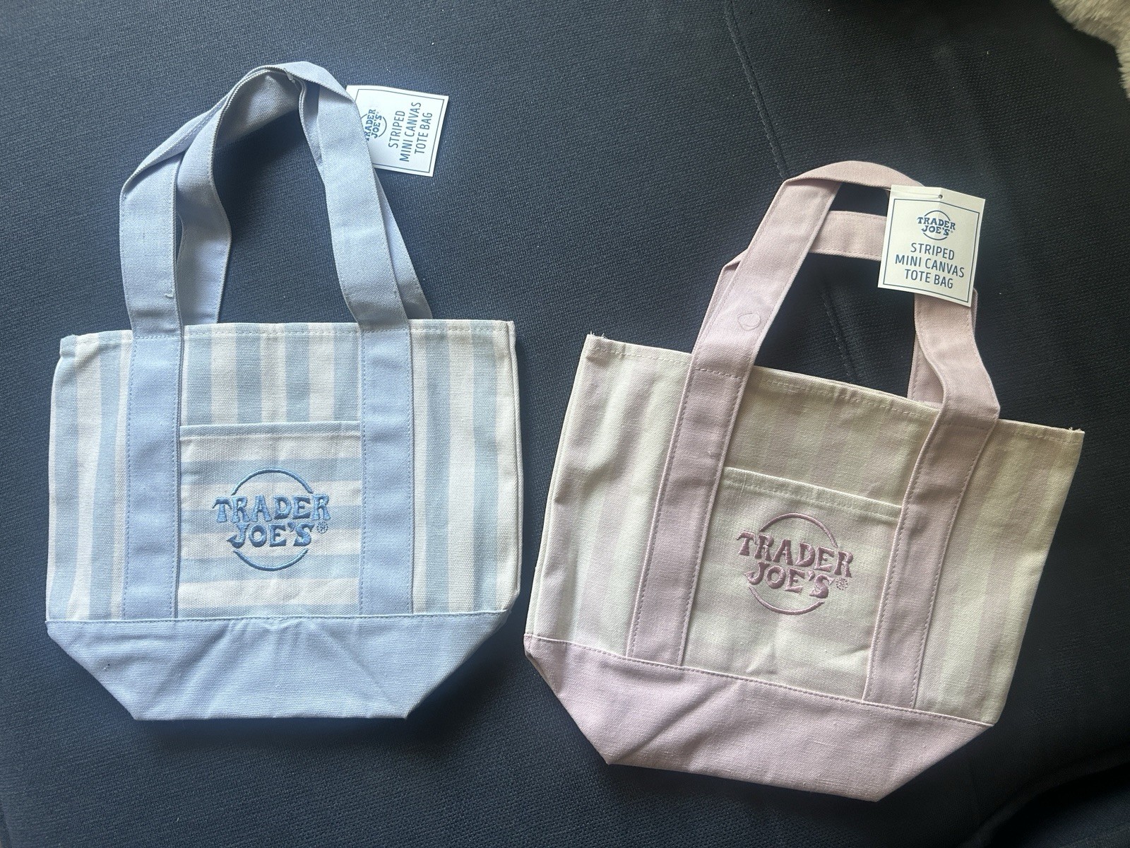 Trader Joe’s Striped Mini Canvas Tote Bags 2-Pack Blue Pink White 10x12x10
