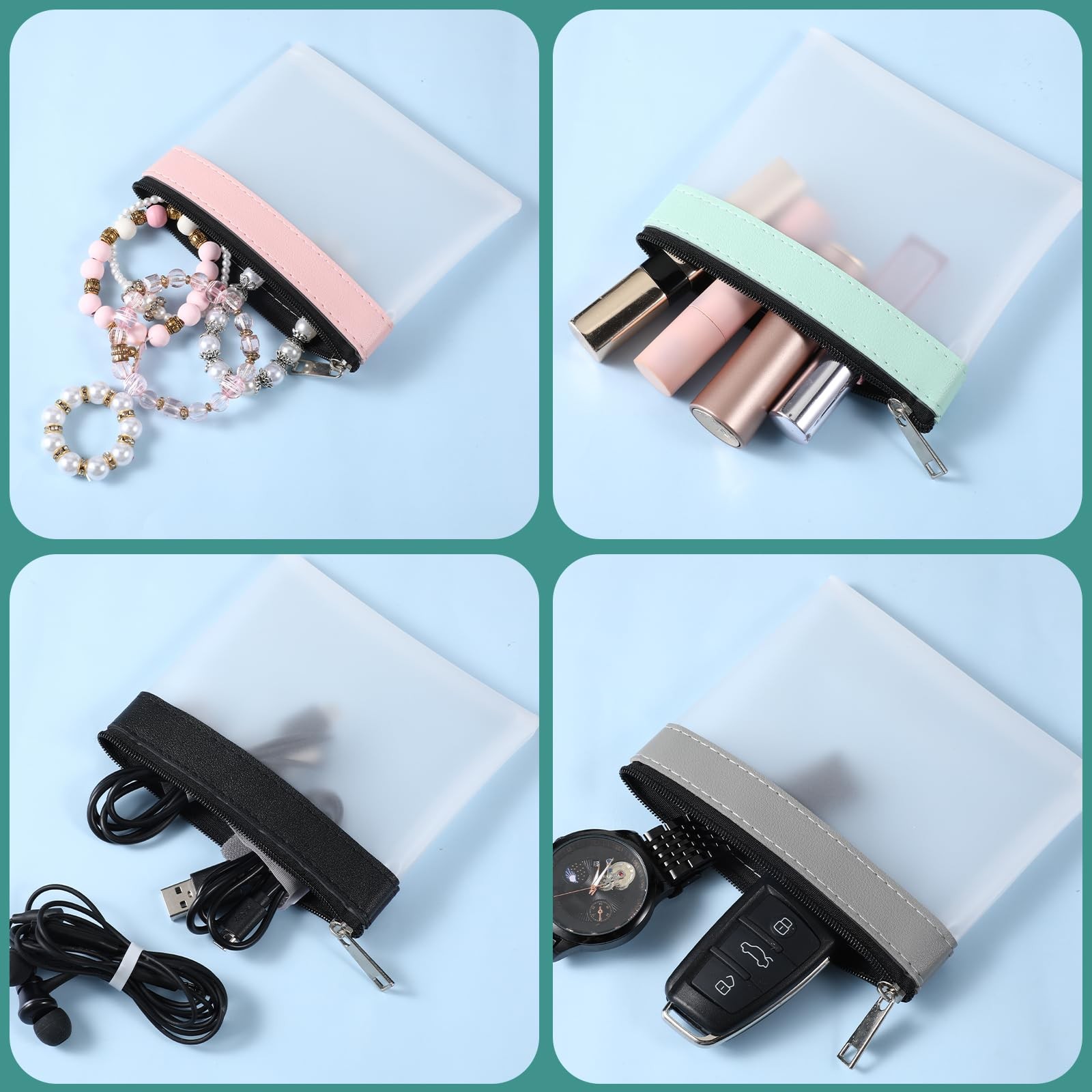 4 Pcs Small Clear Pouch Mini Zipper Coin Black, Pink, Gray, Green