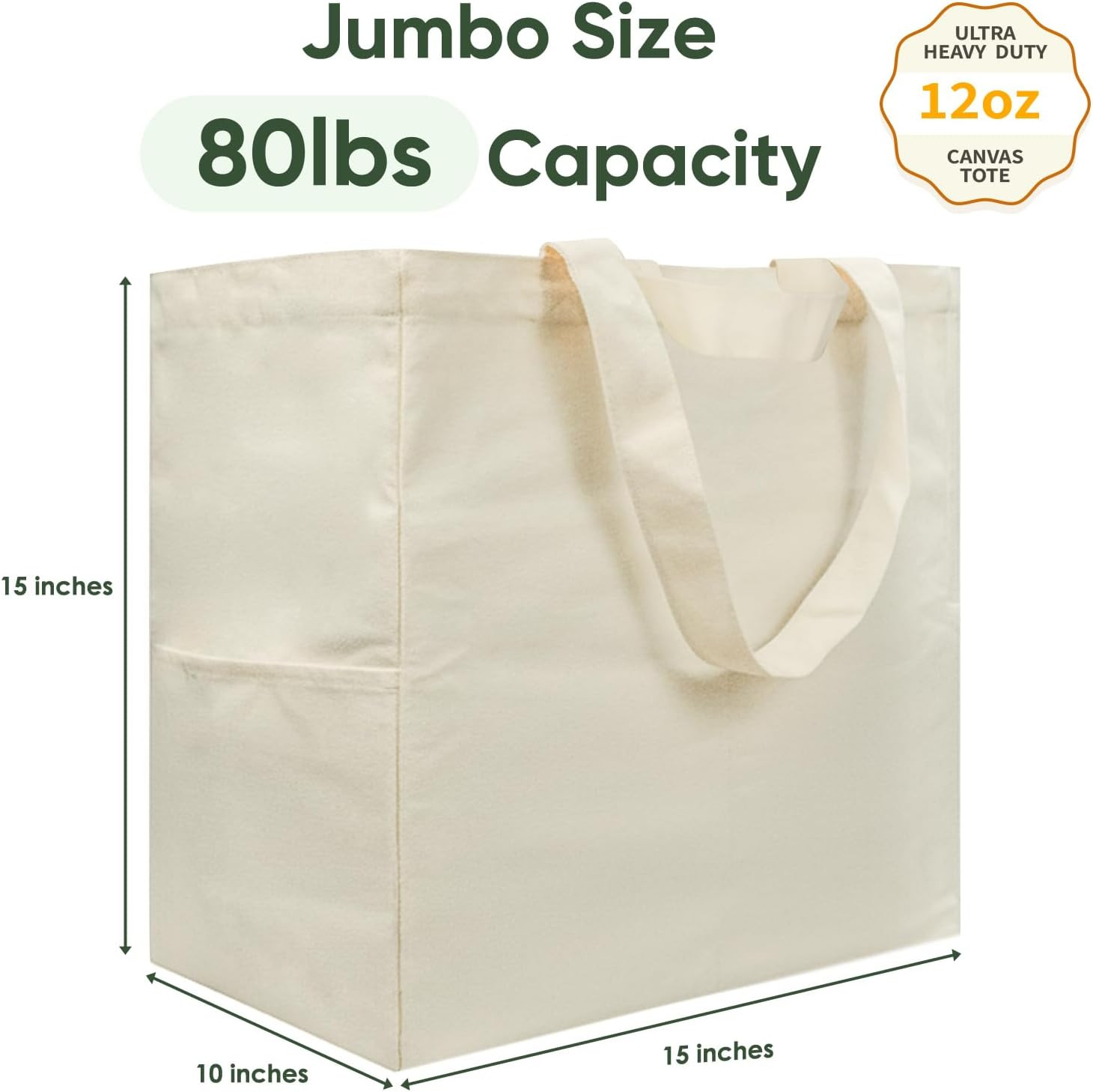 Canvas Tote Bag, Heavy Duty Reusable Grocery Bags with Pockets, Large Shopping B