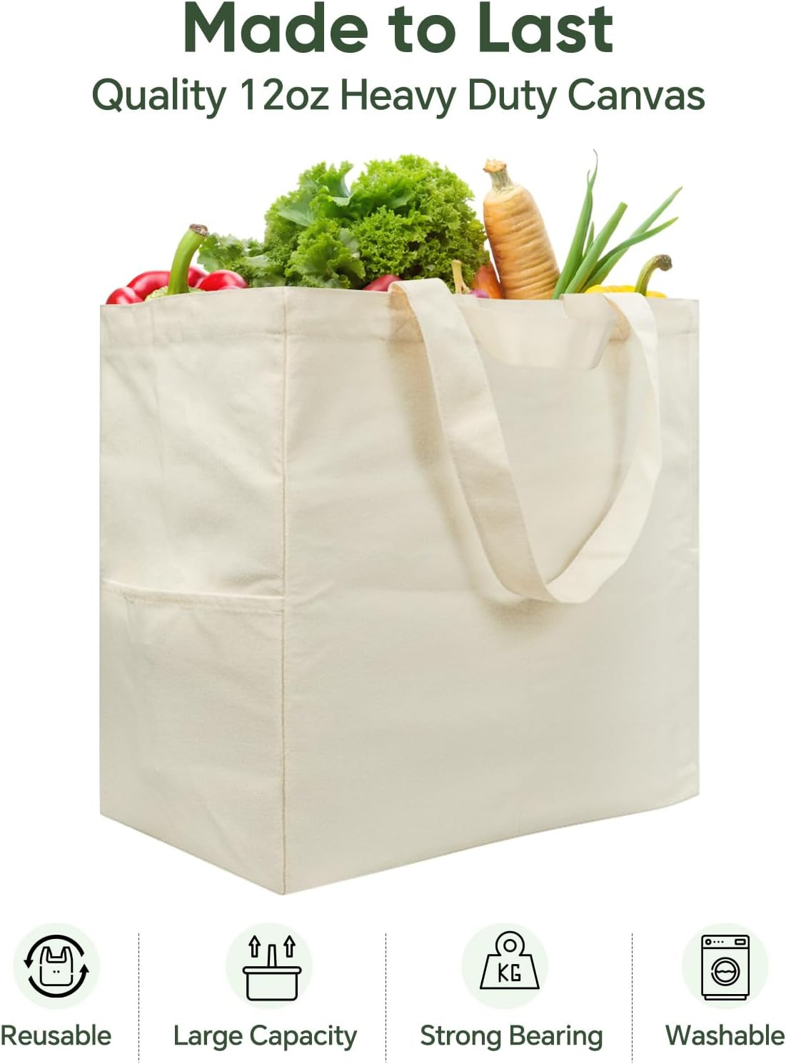 Canvas Tote Bag, Heavy Duty Reusable Grocery Bags with Pockets, Large Shopping B