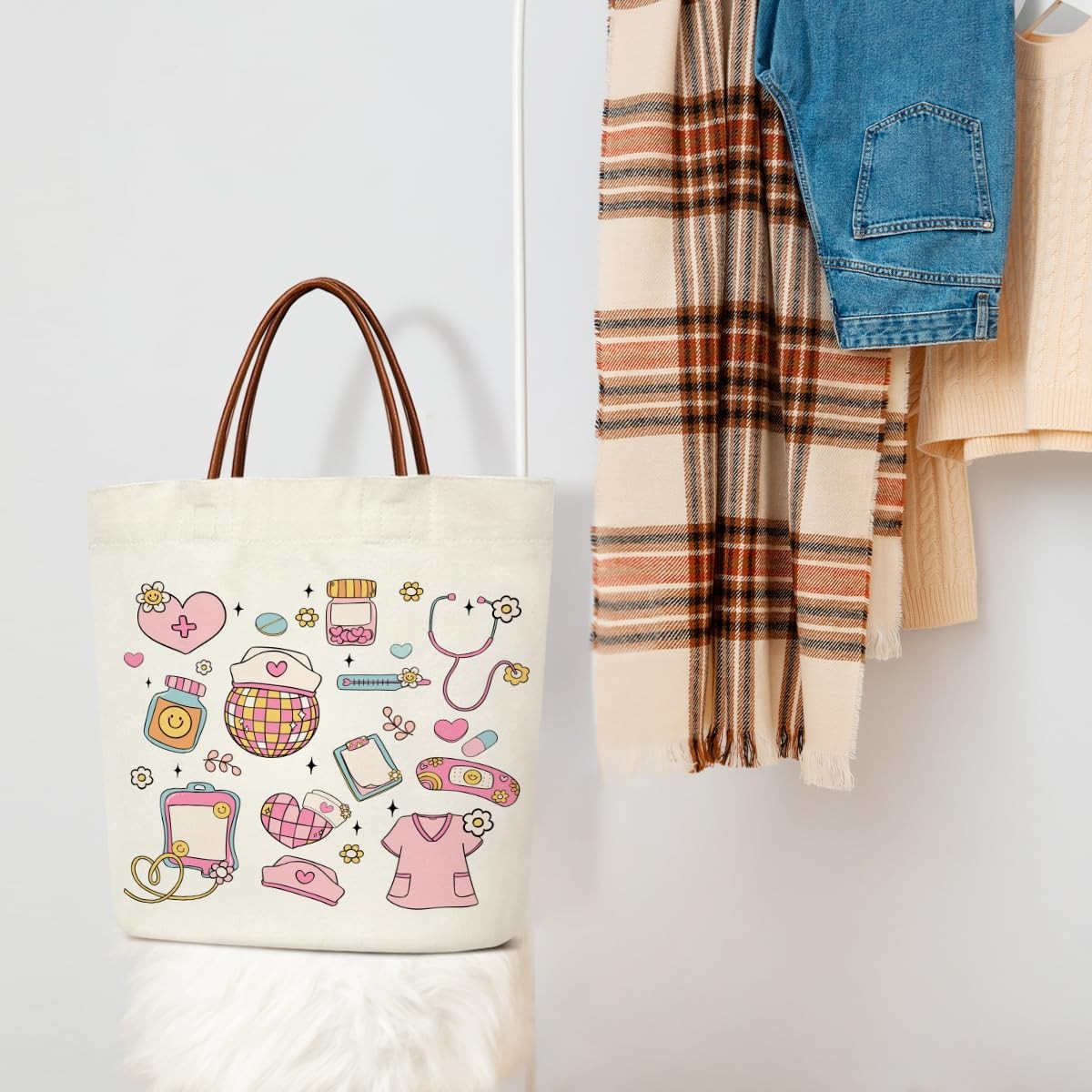 Stylish Pink Nurse Tote Bag Women, Graduation Gift Canvas with Leather Handle