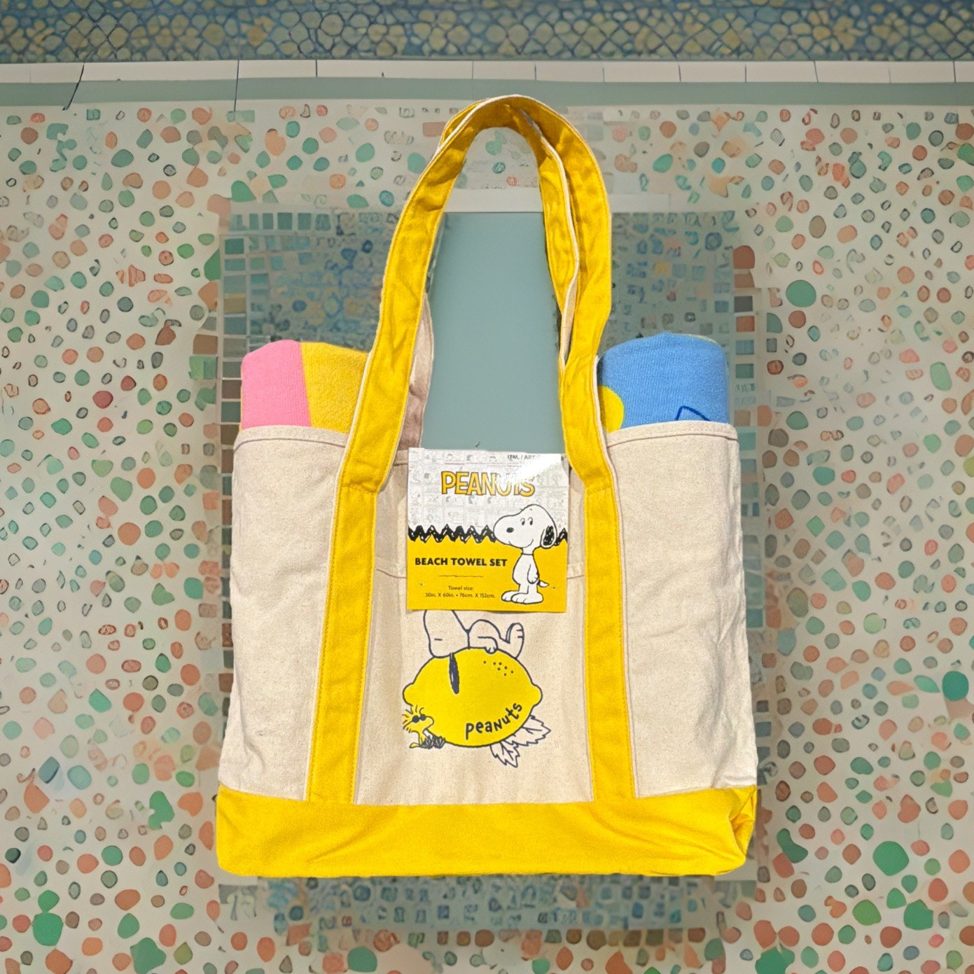 Two Lucy/Lemonade Towels 30×60 Peanuts Snoopy Canvas Tote Towels Lemonade Stand
