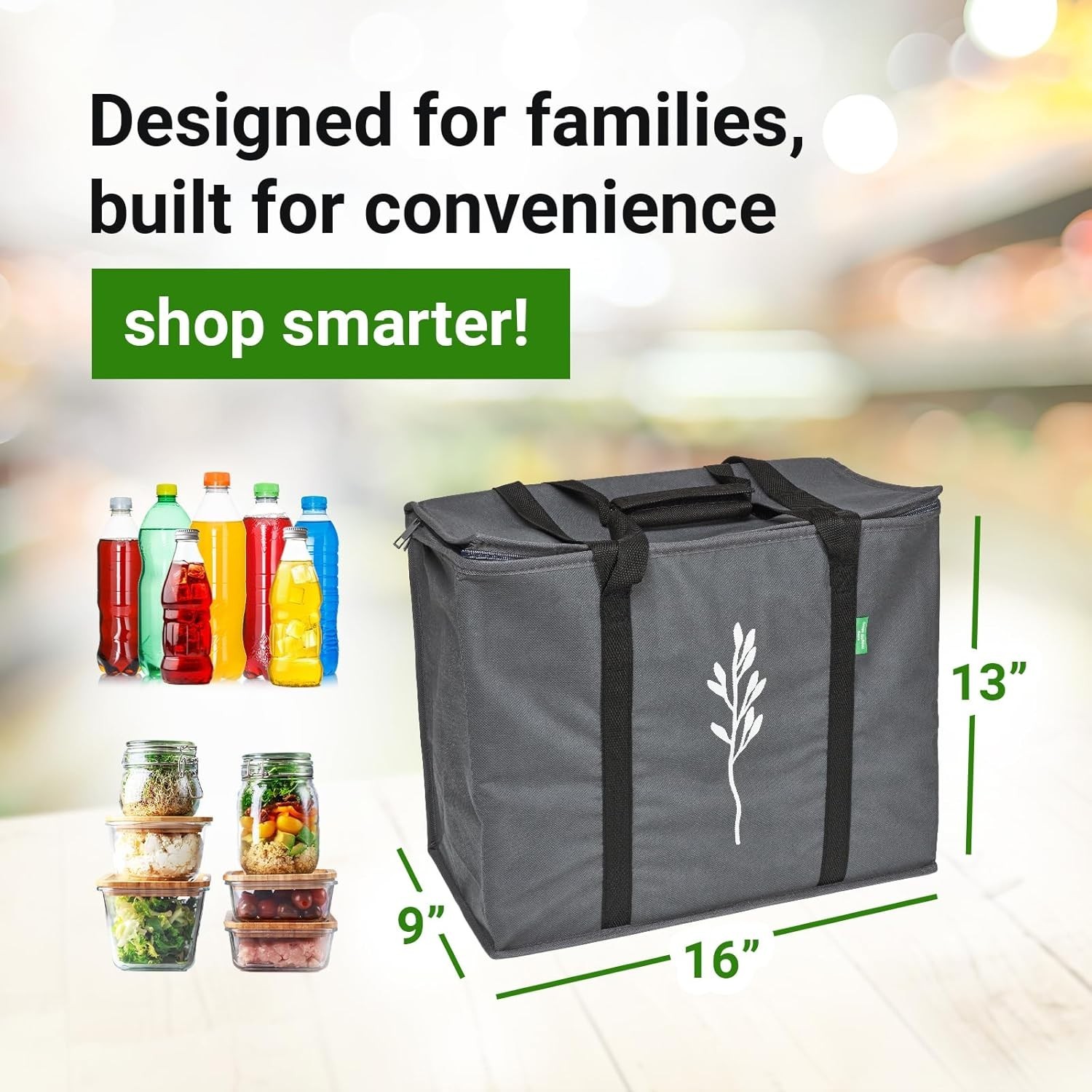 16″x9″x13″ Insulated Grocery Bags 2 Pack – Gray Cooler Totes