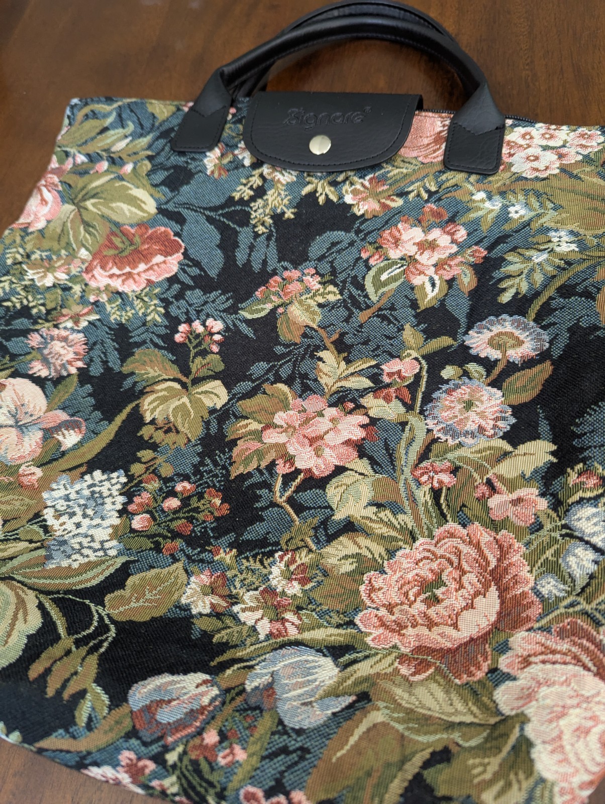 Signare Woven Tapestry Folding Reusable Shopping Bag Peony Flower Design Artsy