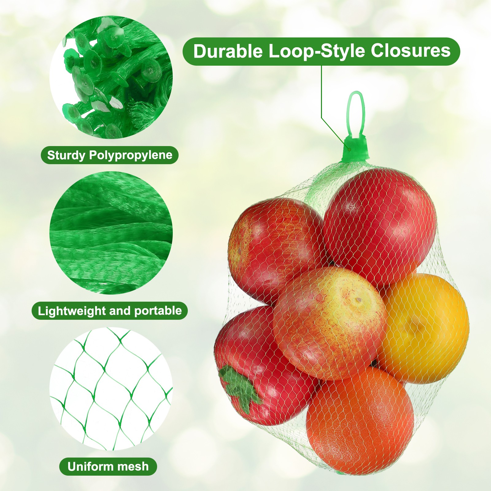 50pcs Mesh Reusable Produce Mesh Bags with Loop-Style Closures, 24 Inch Green