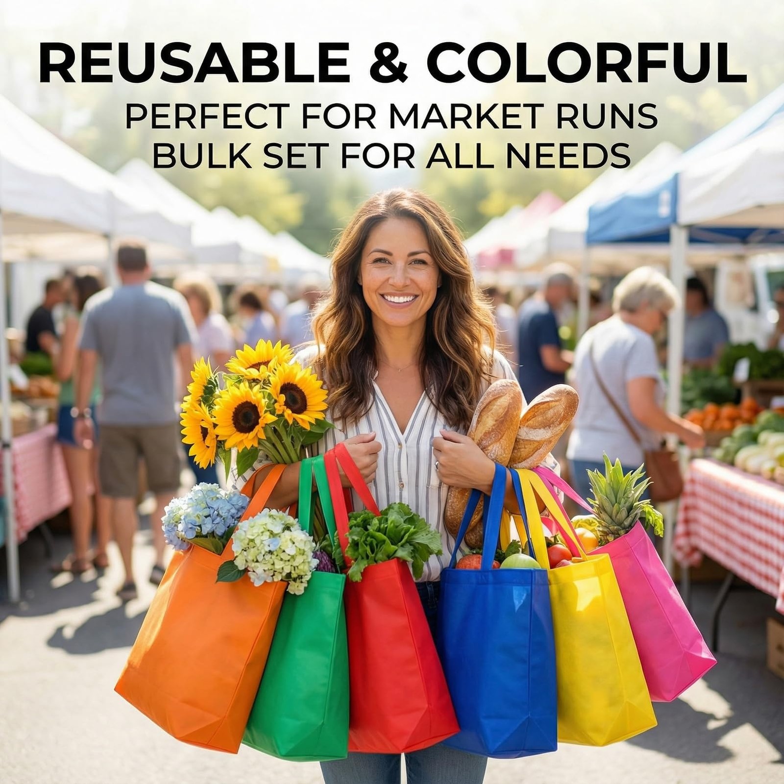 50 PCS Foldable Reusable Grocery Shopping Tote Bags Snap Closure Assorted Colors