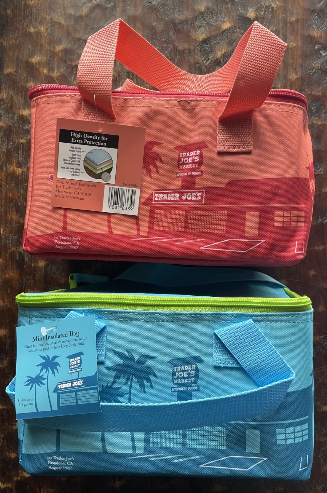 Trader Joes Mini Insulated Lunch or Travel Bag-Peach & Blue-New w/Tags Lot of 2