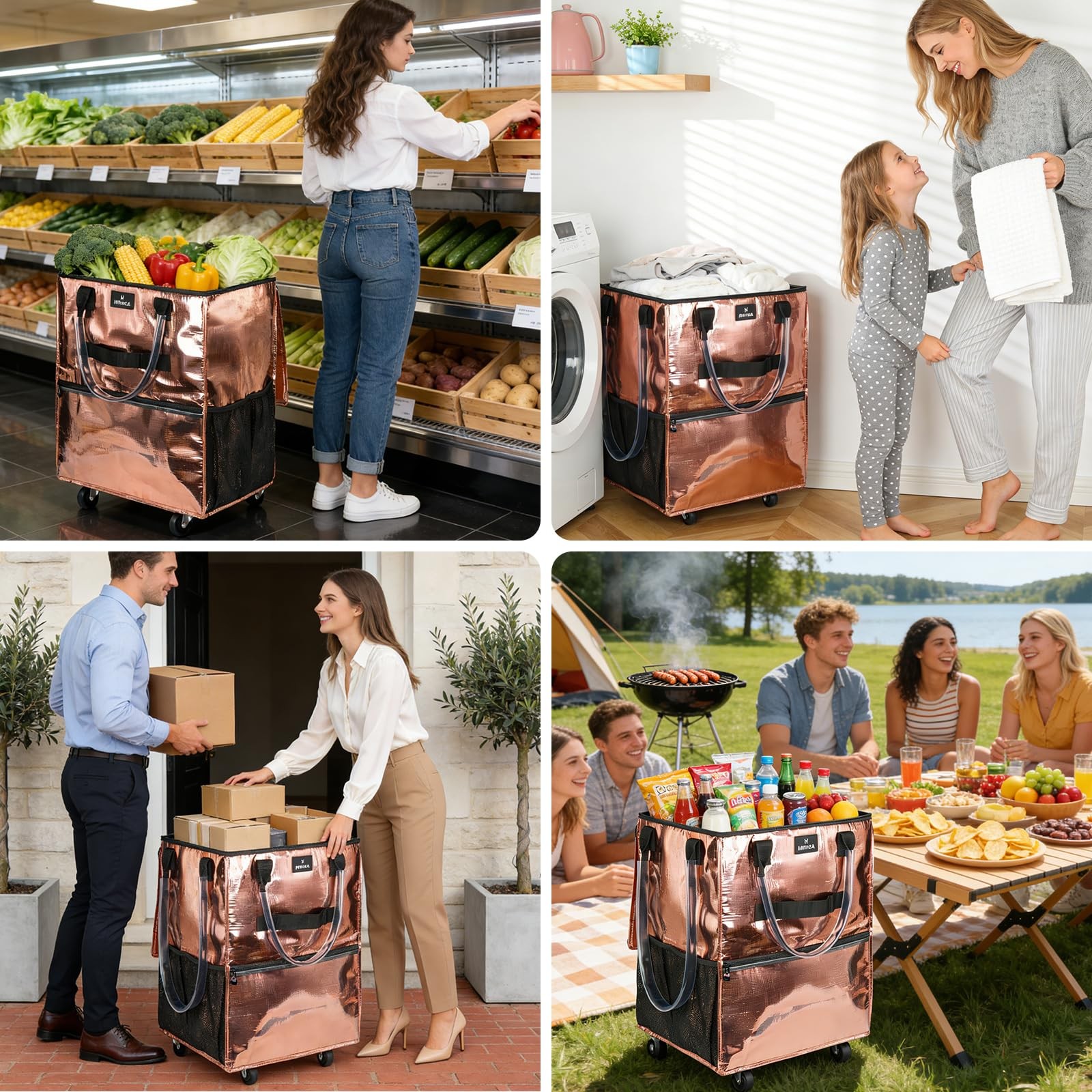 Reusable Grocery Bag On Wheels, 70L Foldable Shopping Cart with 6 Pockets & 3…