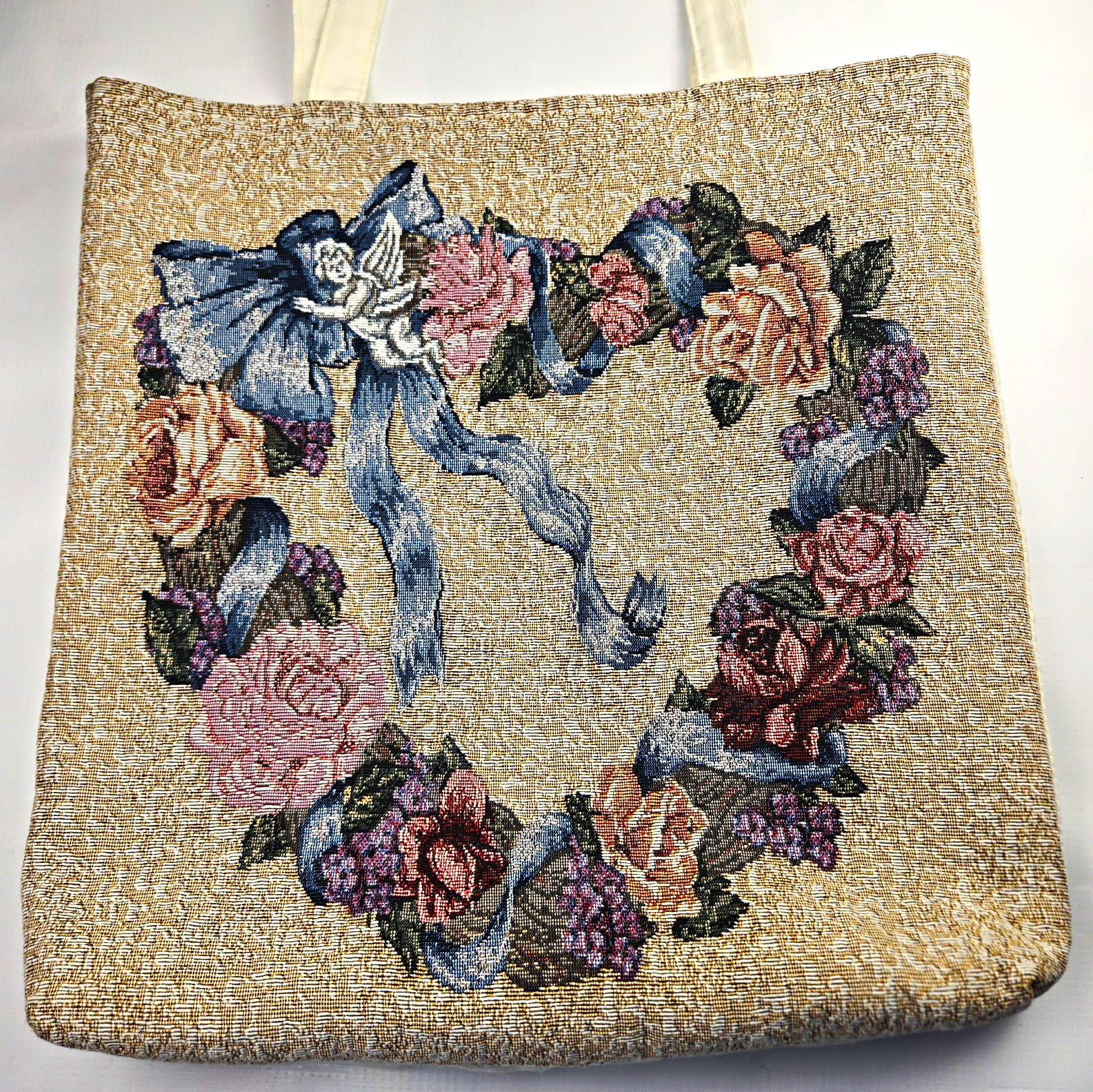 Lena Liu Tapestry Wreath of Roses with Ribbon 15x14x2 in Cotton Tote Bag, Lined