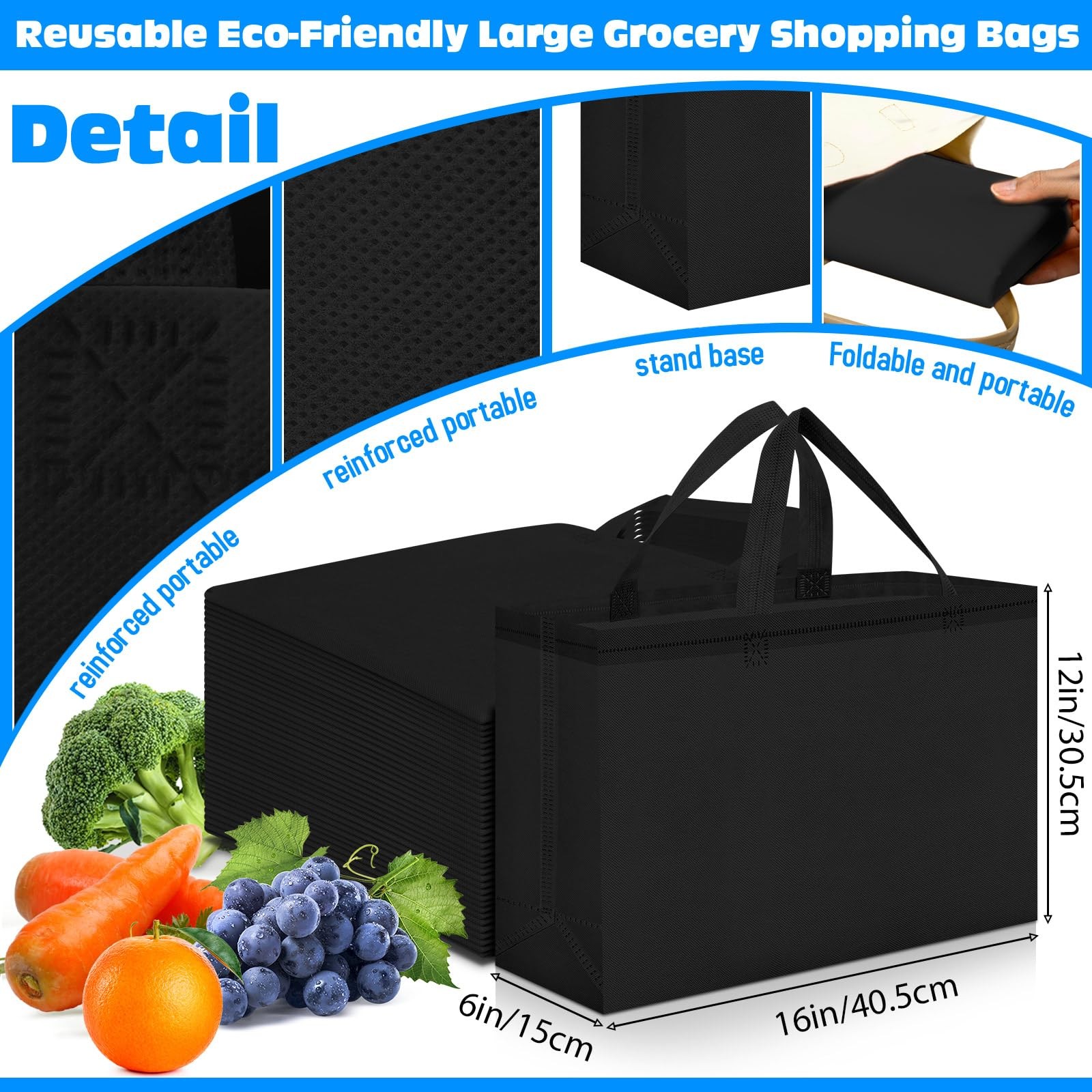 Windyun Reusable Grocery Bags Large Non Woven Shopping Bags with Handles Fold…