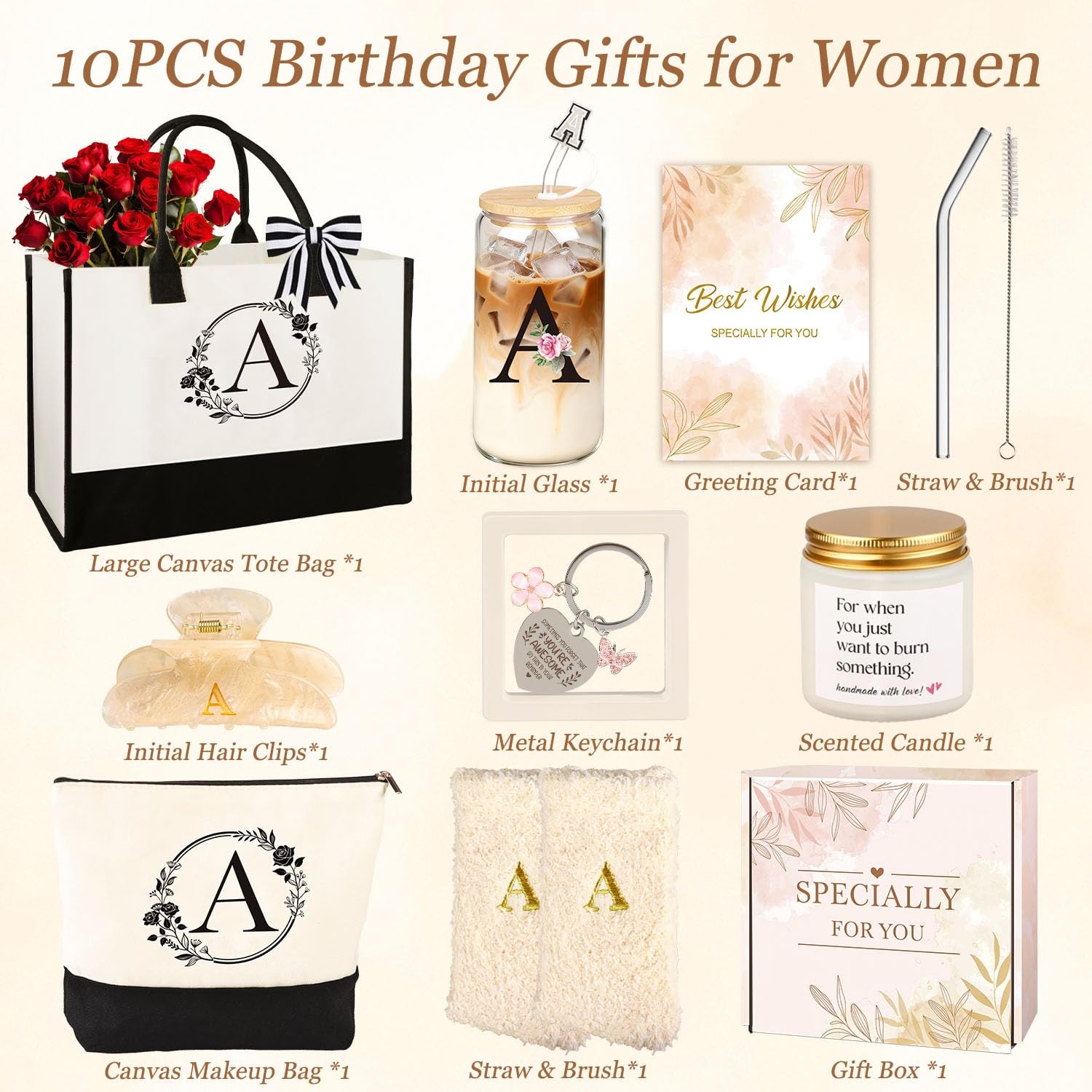 Gifts for , 10pcs Monogrammed Gifts for Initial Canvas Tote Bag, Makeup Bag, …