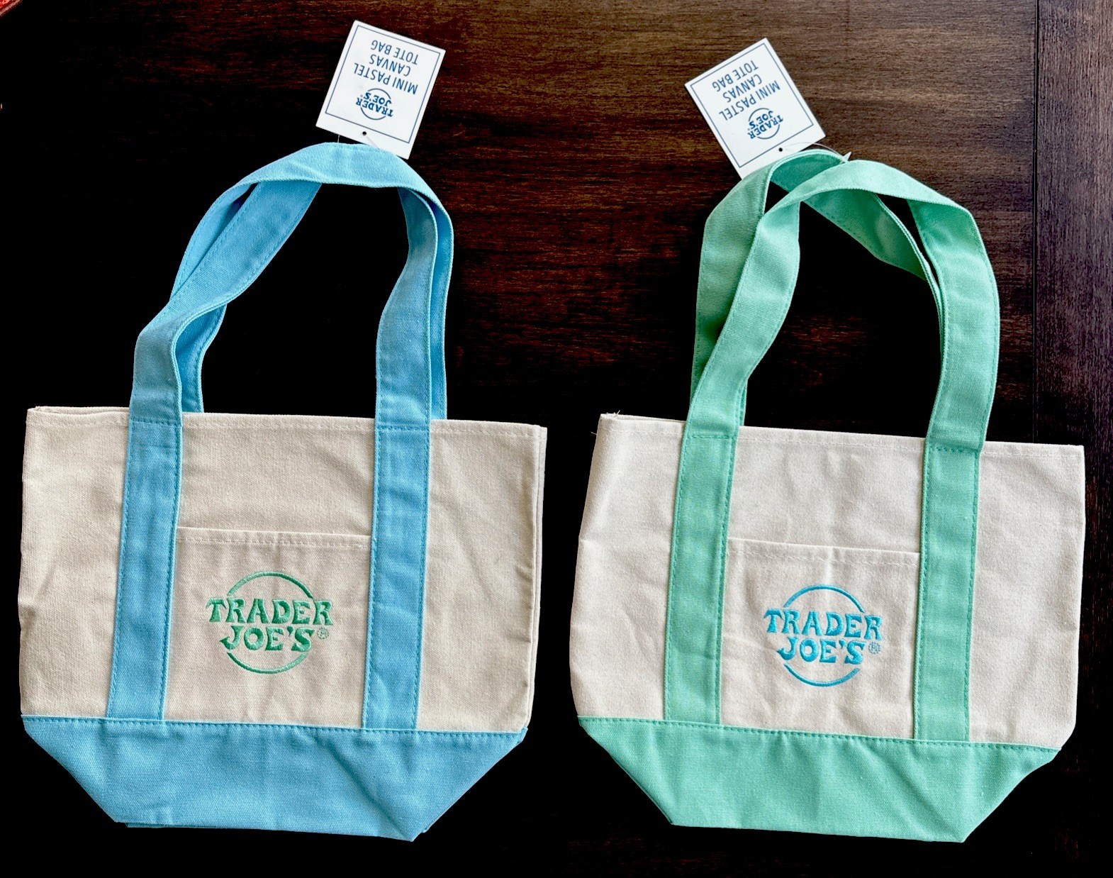 Set of 2 Trader Joe’s Mini Canvas Tote Bags Pastel Blue And Mint Green Lot NWT