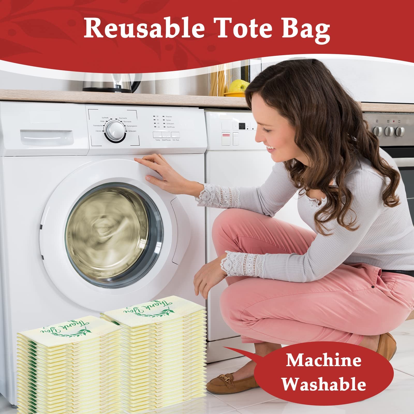 50 PCS Thank You Tote Bags Reusable Non Woven Foldable 12.6 x 6.3 x 11.8 Inch
