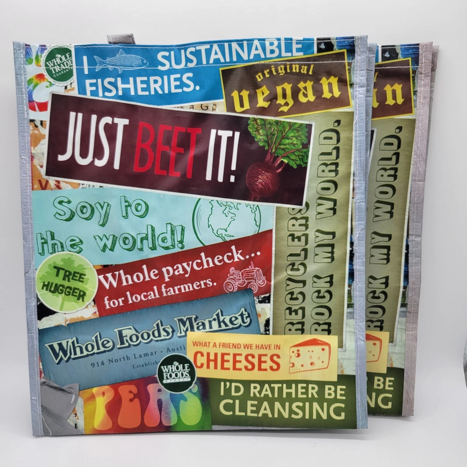 Lot Of 2 – 2011 Whole Foods Reusable Shopping Bags Bumper Skicker Print New