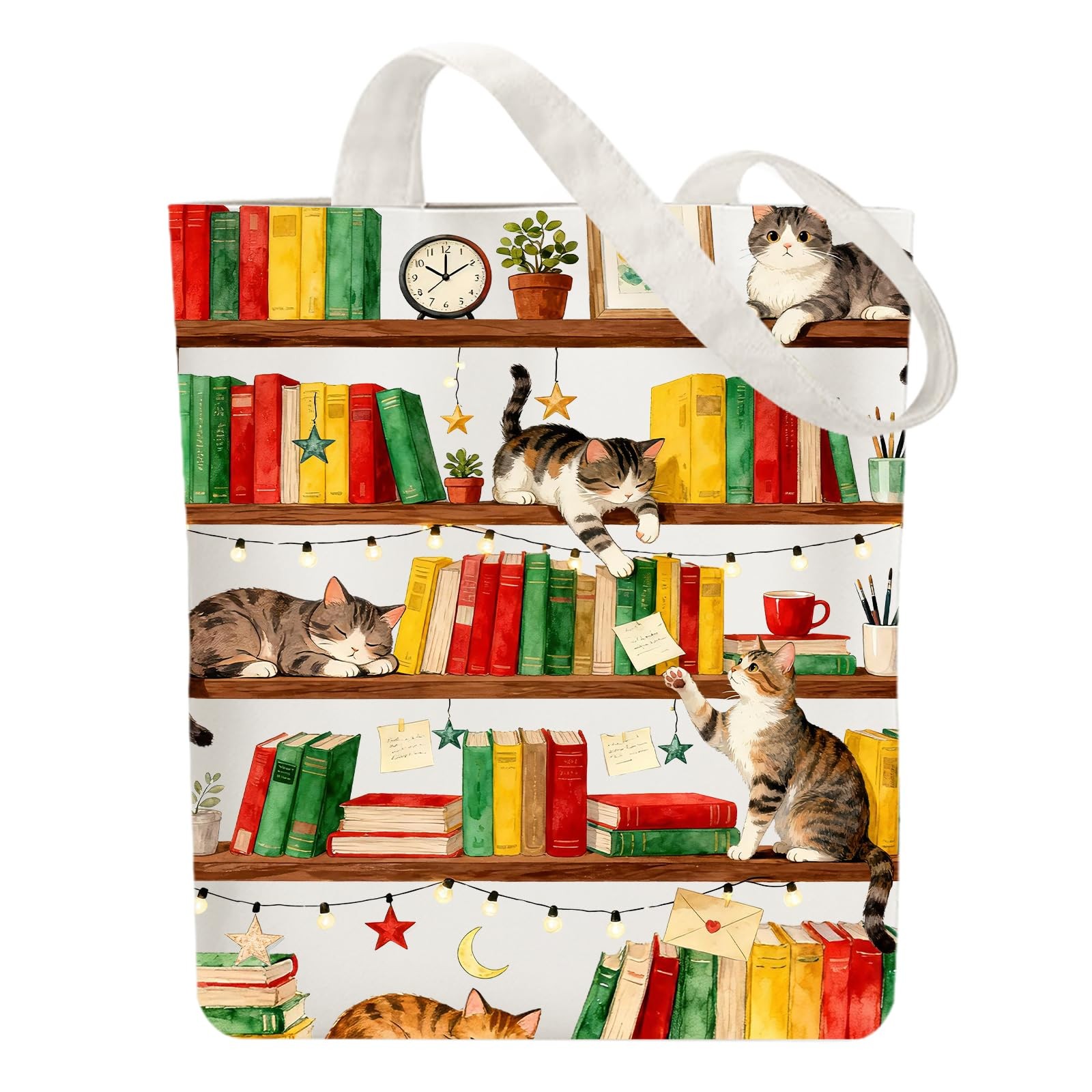 Canvas Tote Bag Bookshelf and Cat Reusable Cotton Bag for Women, Durable Clot…