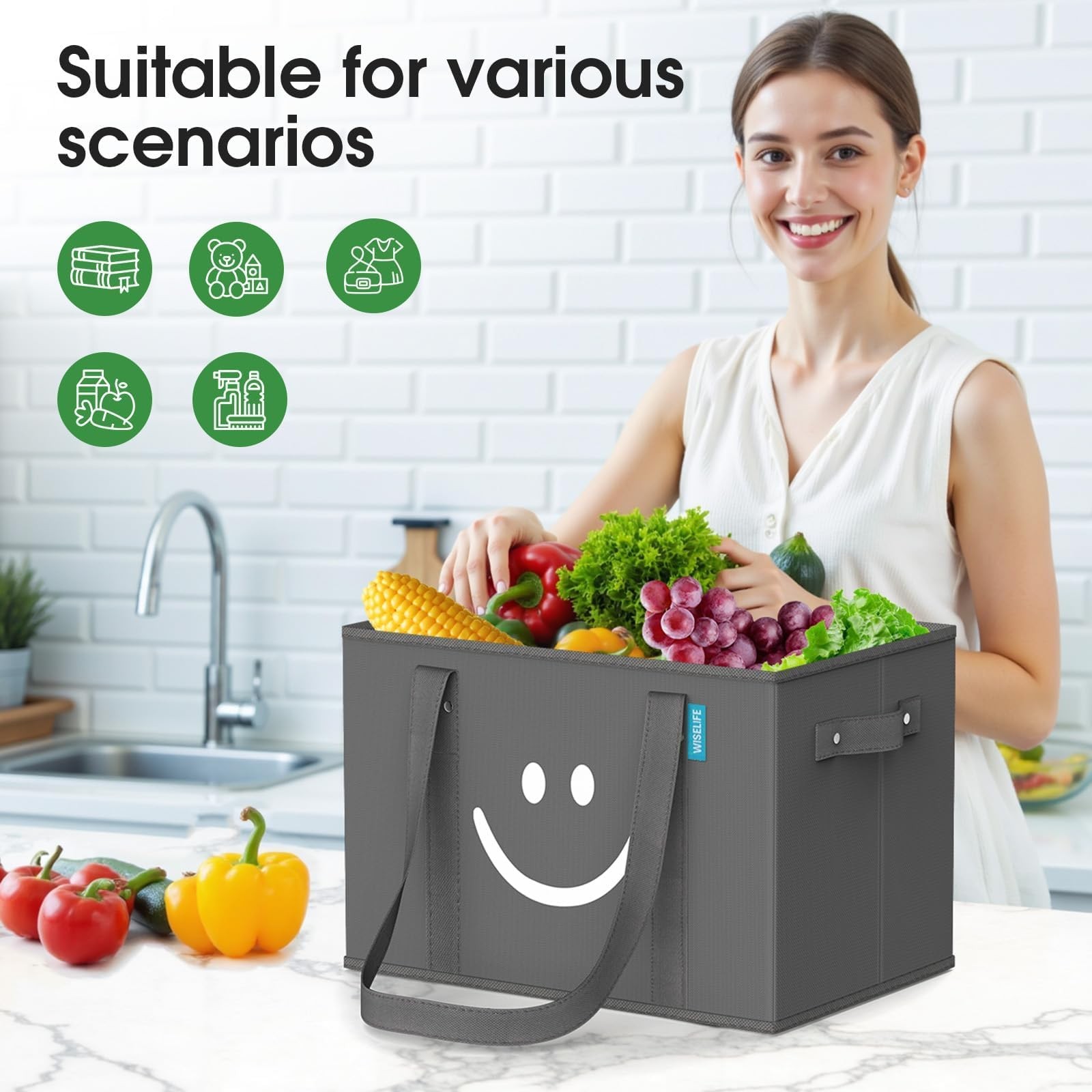 Reusable Grocery Bags 3 Pack – Collapsible Tote Shopping Bags with Sturdy Han…