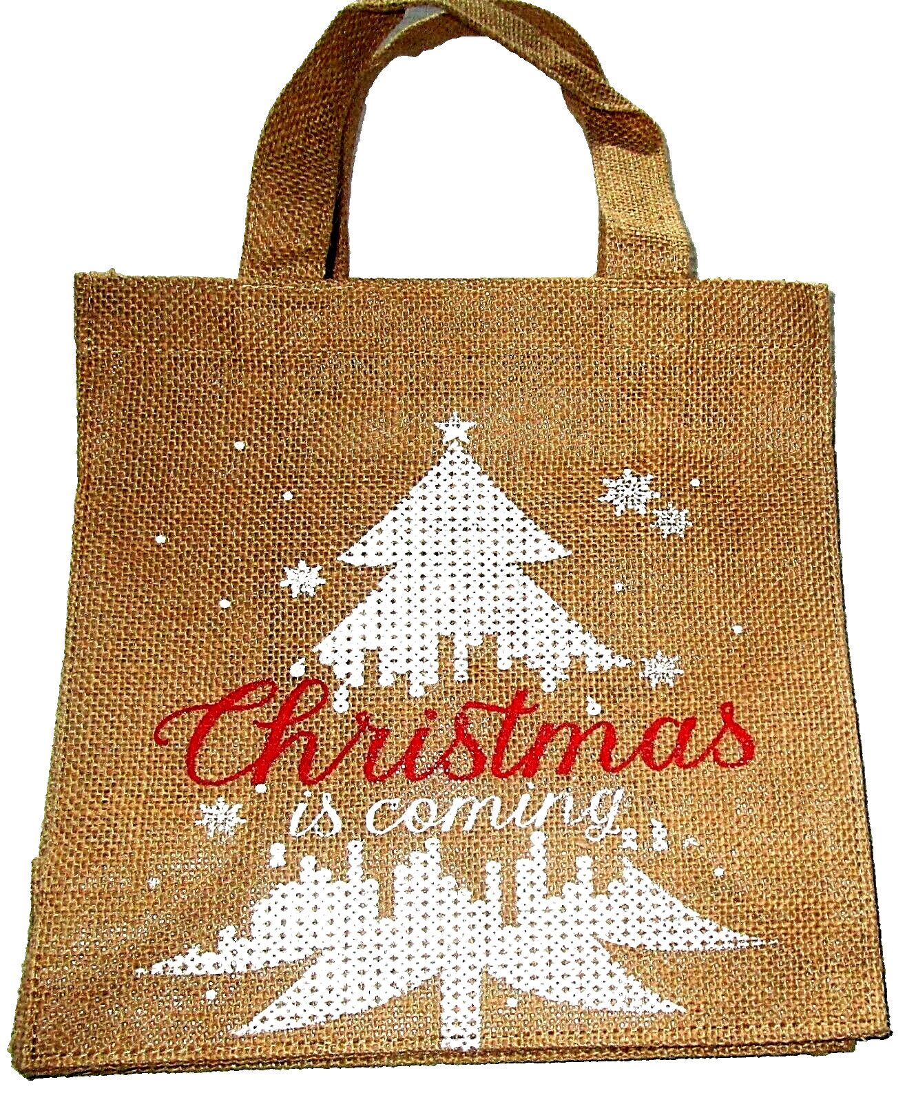 CHRISTMAS ~ Burlap Tote Bag “CHRISTMAS IS COMING” 10″L x 10″H X 5″ W