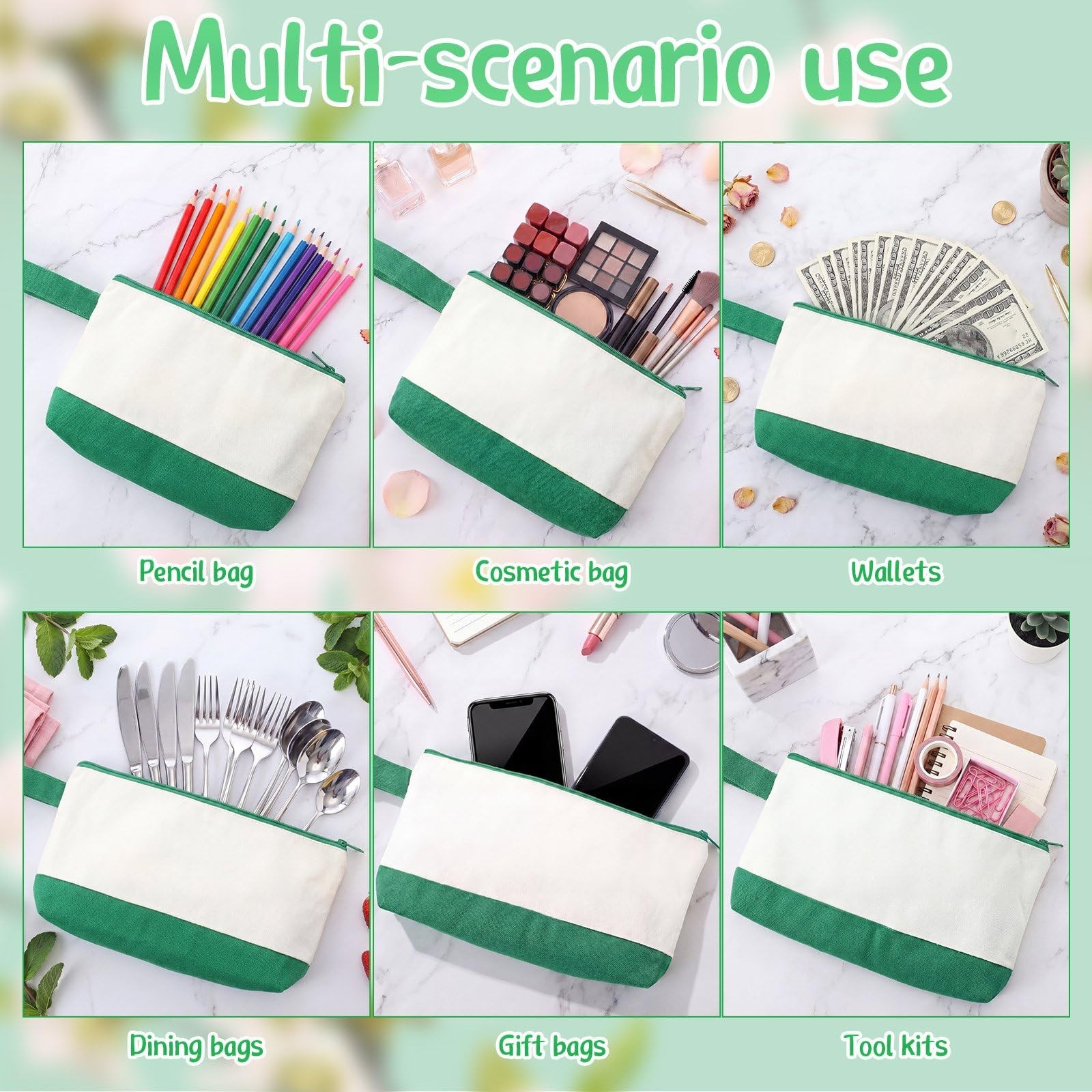 50 Pcs Canvas Tote Bags Bulk with Zipper Cosmetic Pouch 18.5″ Reusable Cotton…