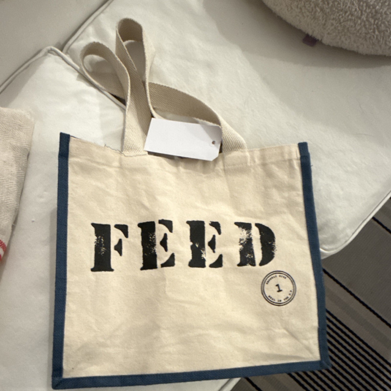 FEED Canvas Reusable Shopping Bag Solid Beige Blue Trim Eco-Friendly Plain Tote