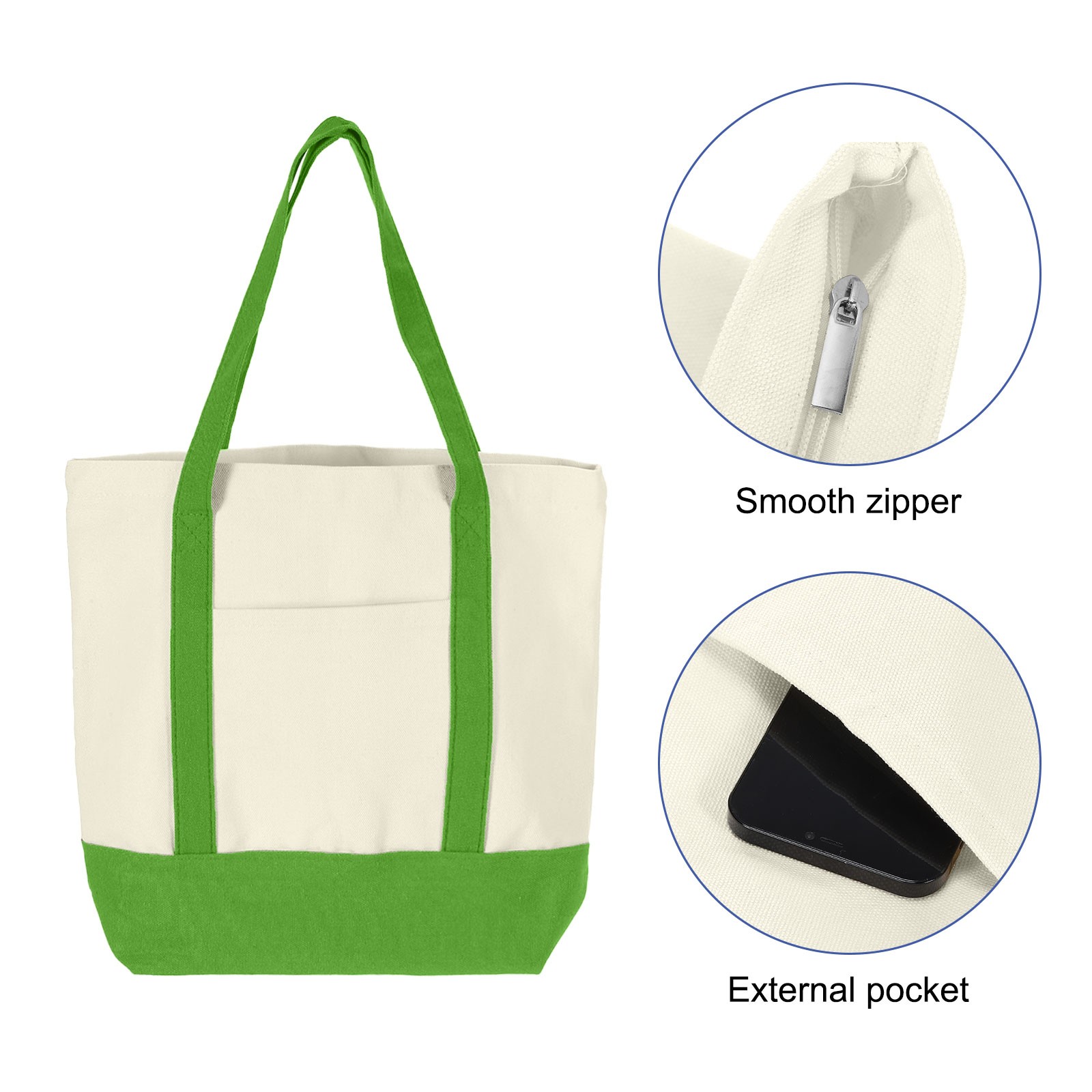 Canvas Tote Bag with Zipper,1Pcs 16″ x 14″ x 4″ Canvas Tote Bags (Green)