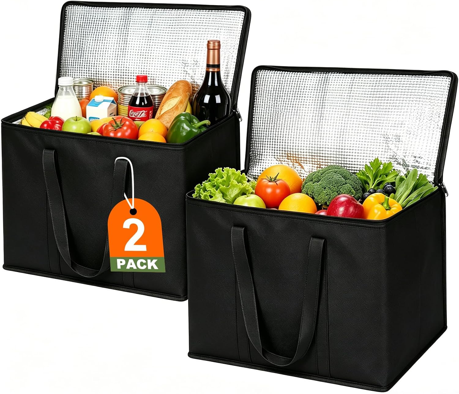 JNYONG 2 Pack Insulated Reusable Grocery Shopping Bags with Zippered Top,Food De