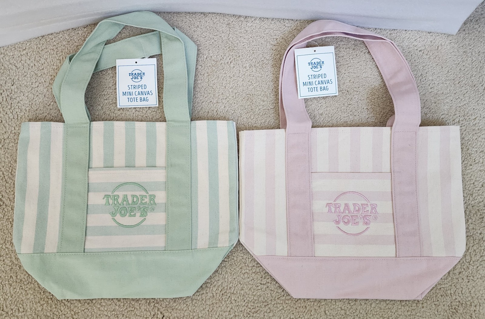 NWT Trader Joe’s Striped Canvas Tote Bags: 2x Color Set (Striped Pink + Green)