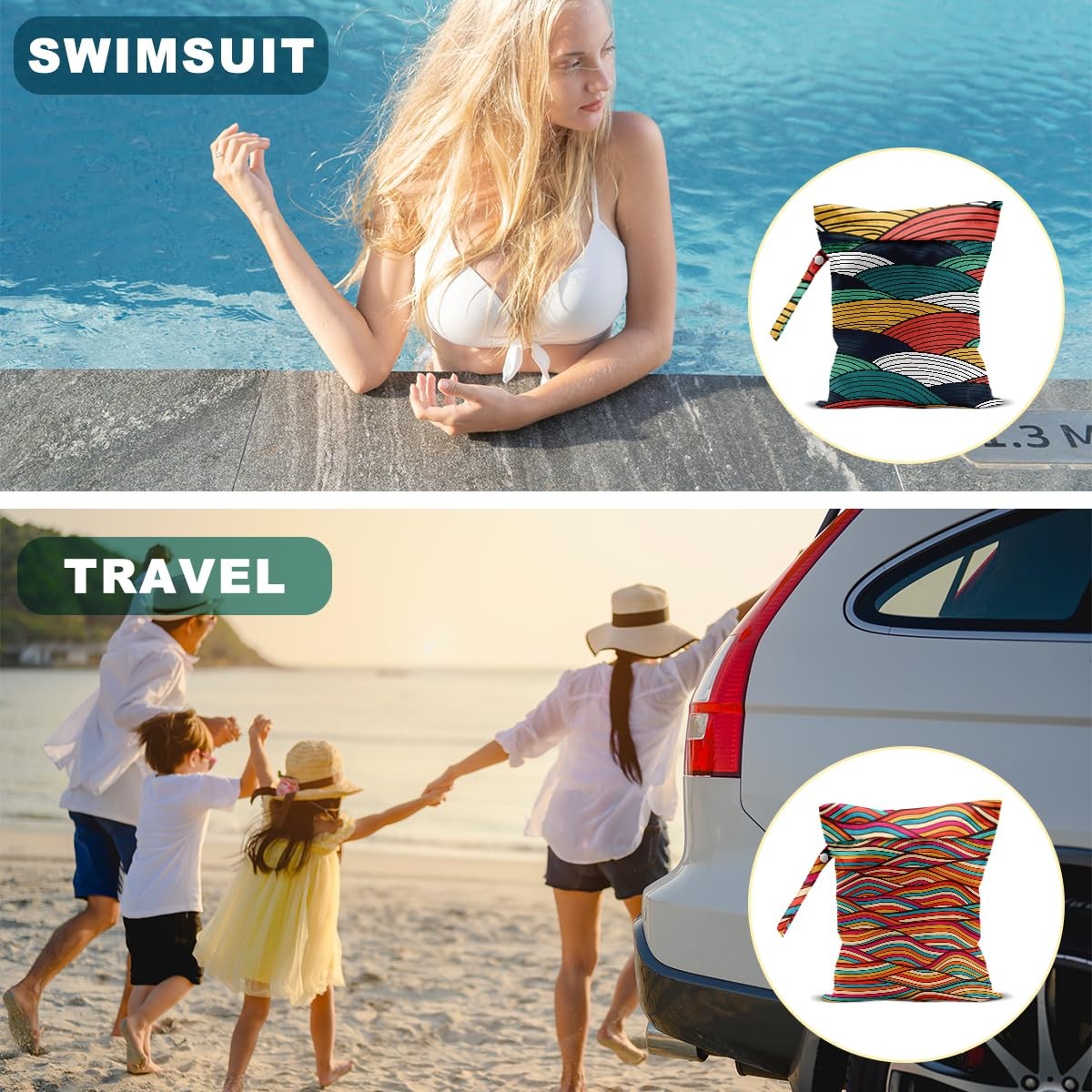 2Pcs Wave Print Wet Bags, Dry Bag Reusable for Swimsuit, Multicolor 1489