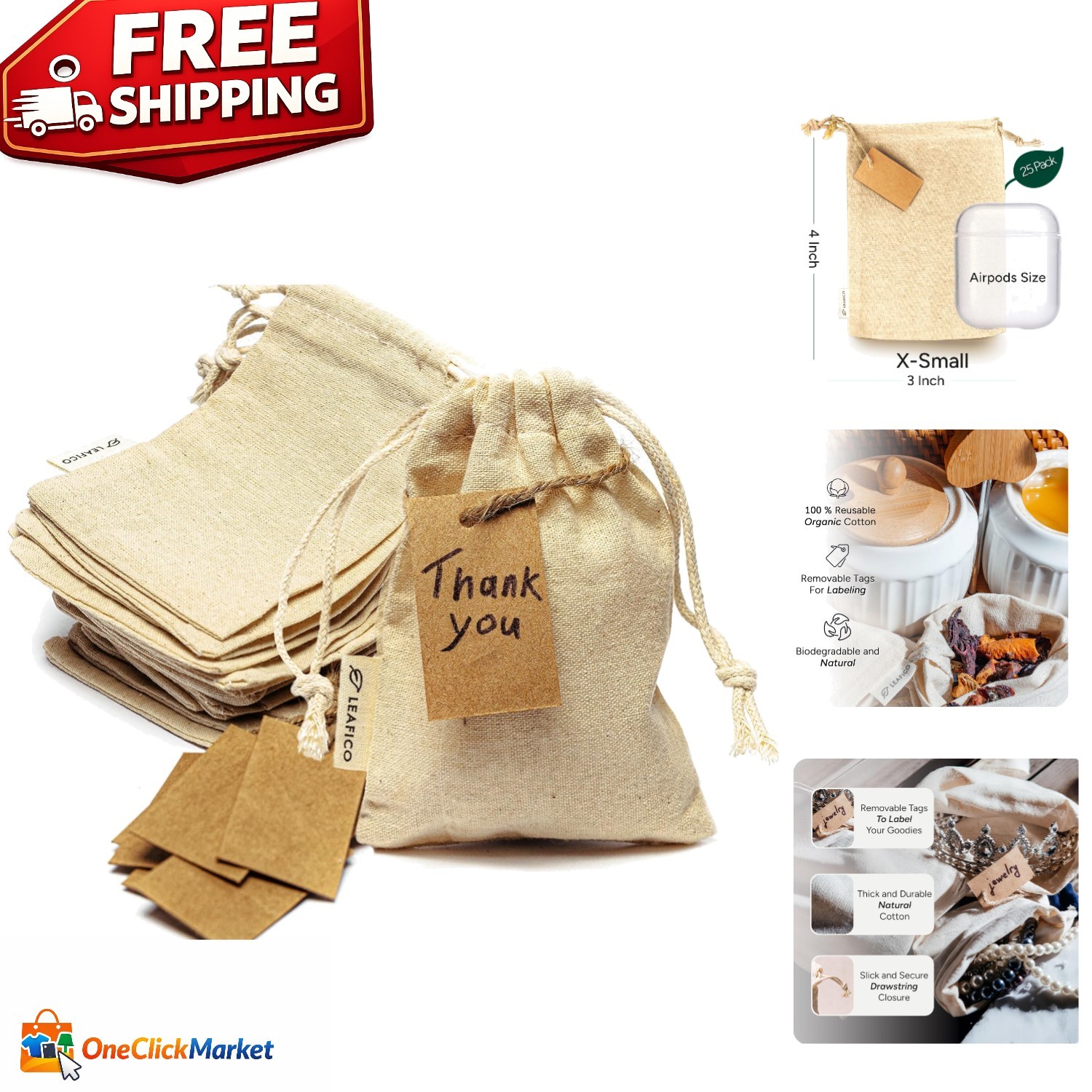 Elegant Reusable Cotton Gift Bags – X-Small 3×4 – 25 Pack Drawstring Pouches