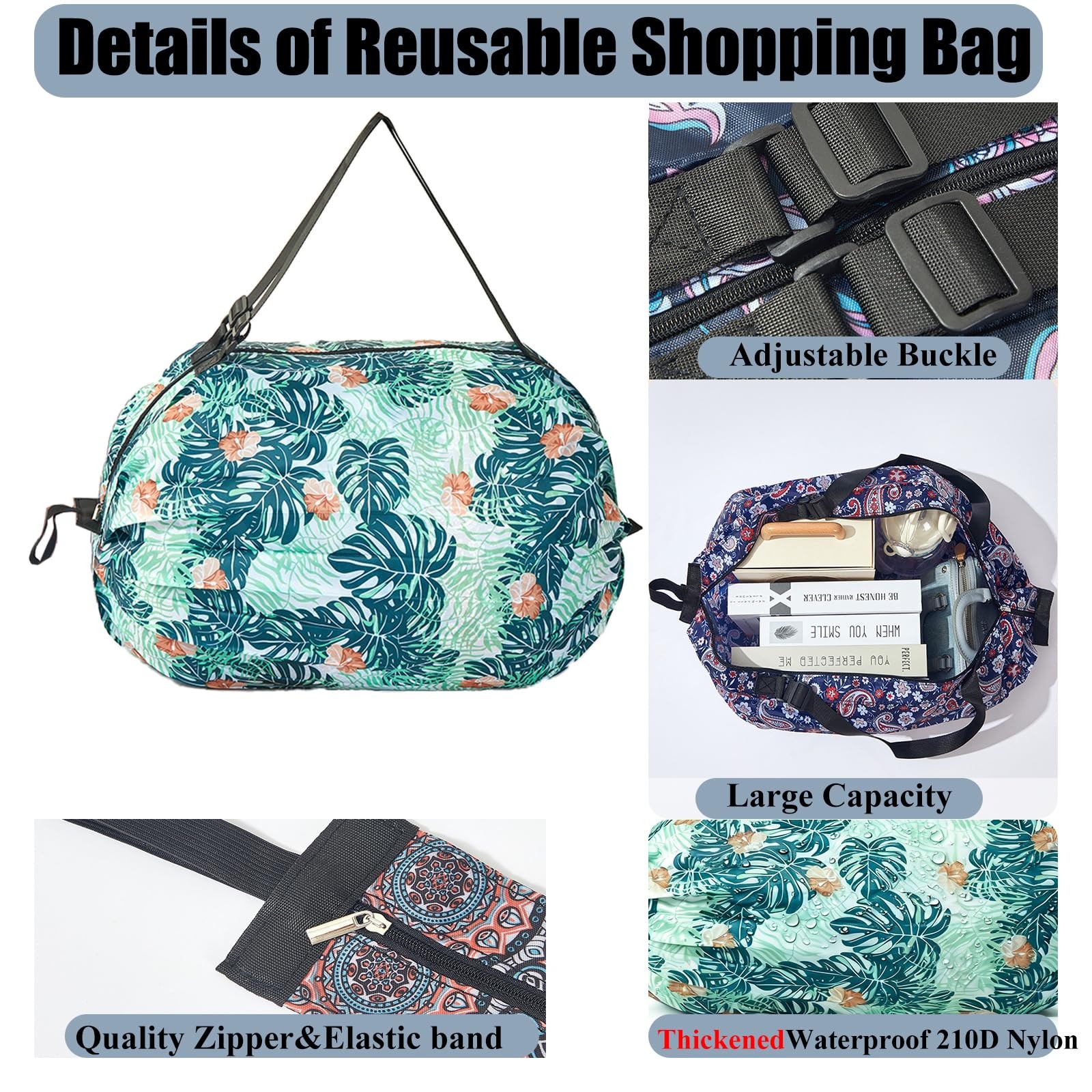 4 Pack Foldable Reusable Tote Bags – Thickened 210D Nylon Waterproof Grocery …