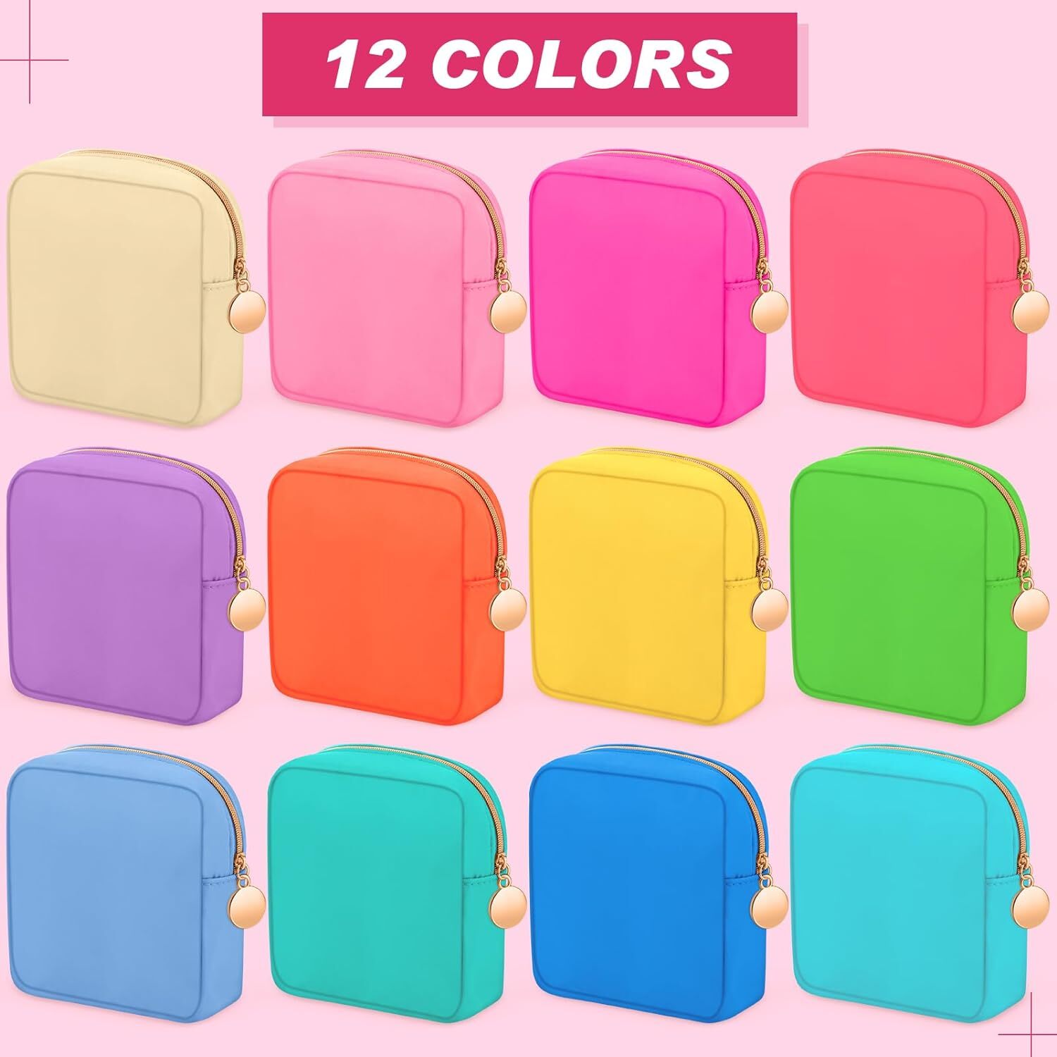 12 Pcs Mini Square Nylon Pouch Makeup Bag with Zipper Small Bright Color