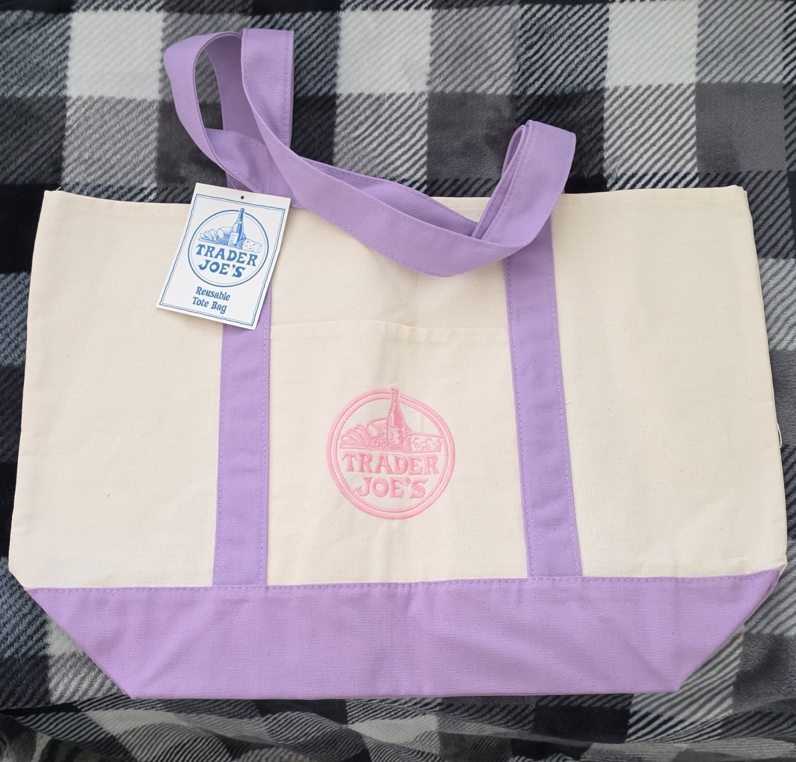 Trader Joe’s Large Colorblock Tote Bag Purple/Beige Cotton Blend 21x14x11