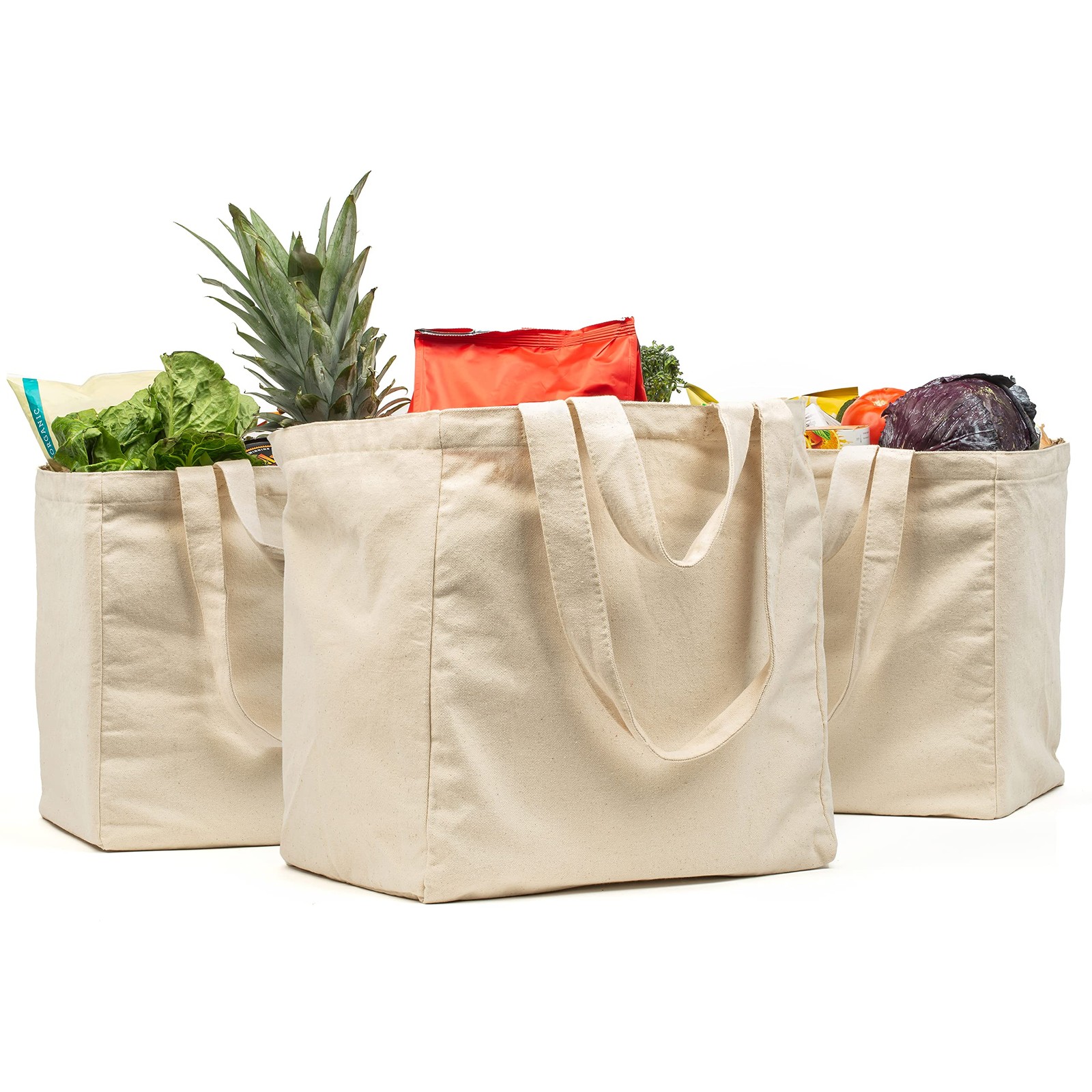 3pc Canvas Grocery Bags with Pockets, Shoulder Straps – Foldable, Washable He…