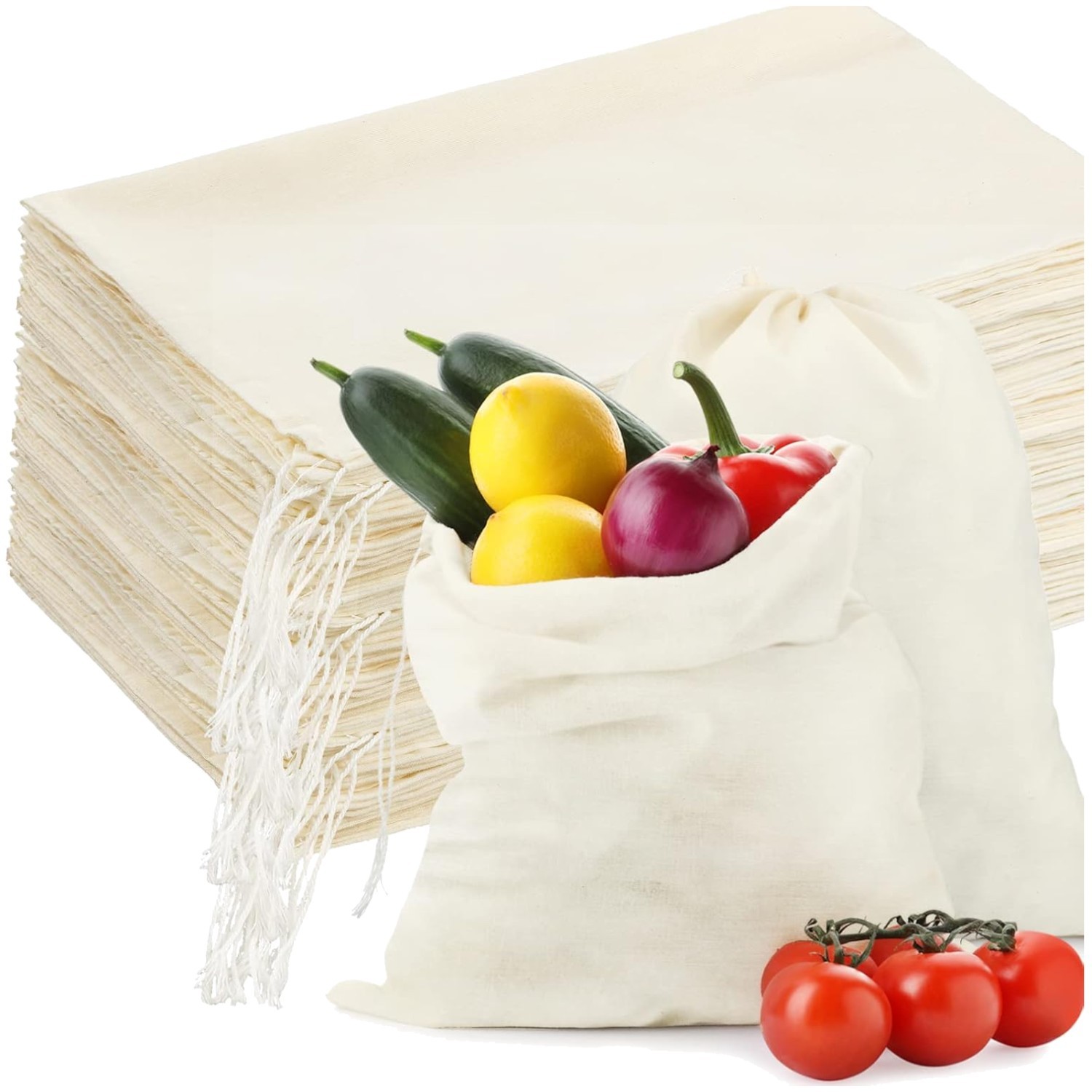 Cotton Storage Pouches, Drawstring Sacks, Pack of 50