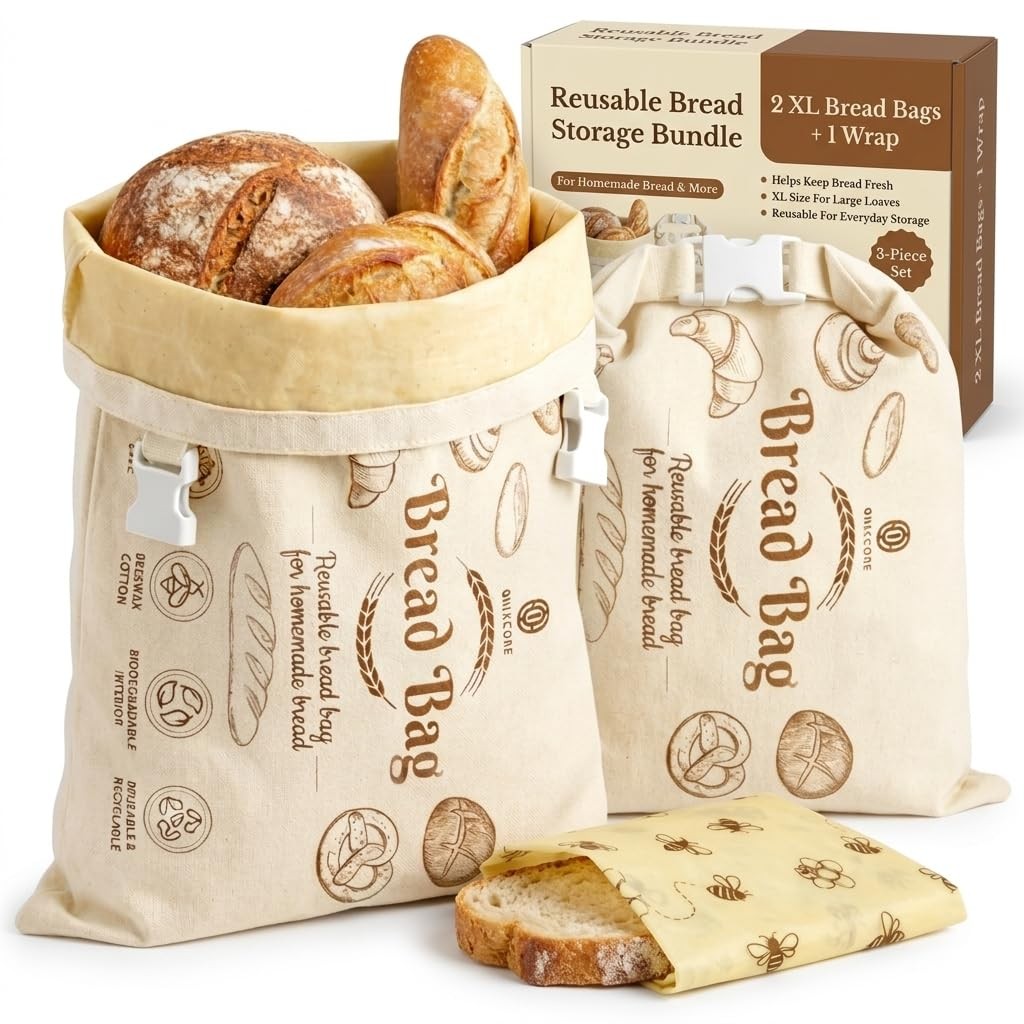 3 Pack Cotton Beeswax Bread Bags for Sourdough – Extra Large, Beige Pattern