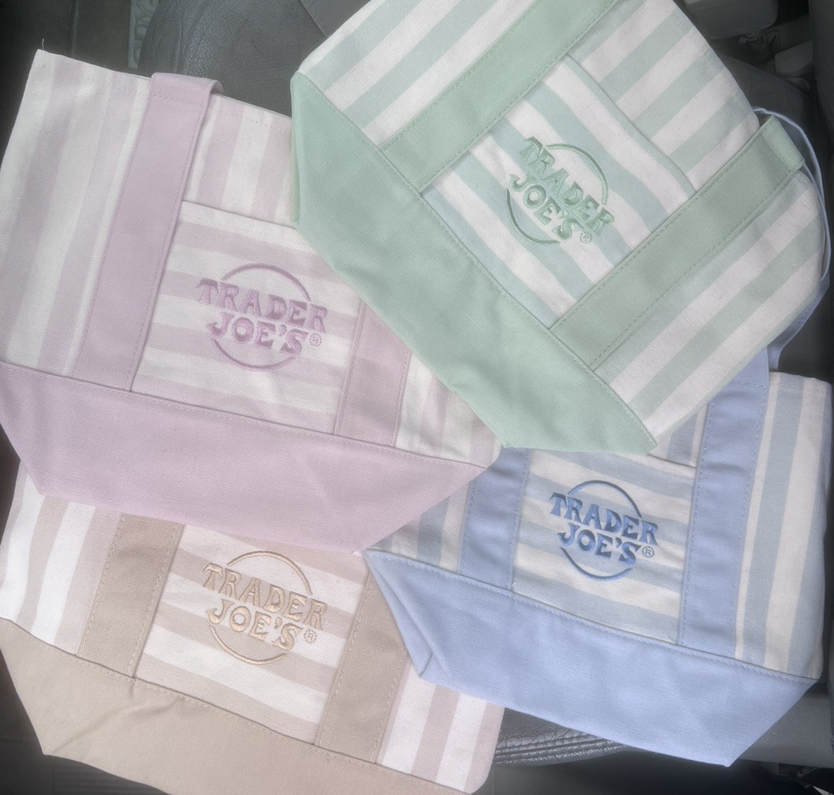 TRADER JOE’S MINI PASTEL STRIPE CANVAS TOTE BAGS SET Of 4 PINK BLUE GREEN BEIGE