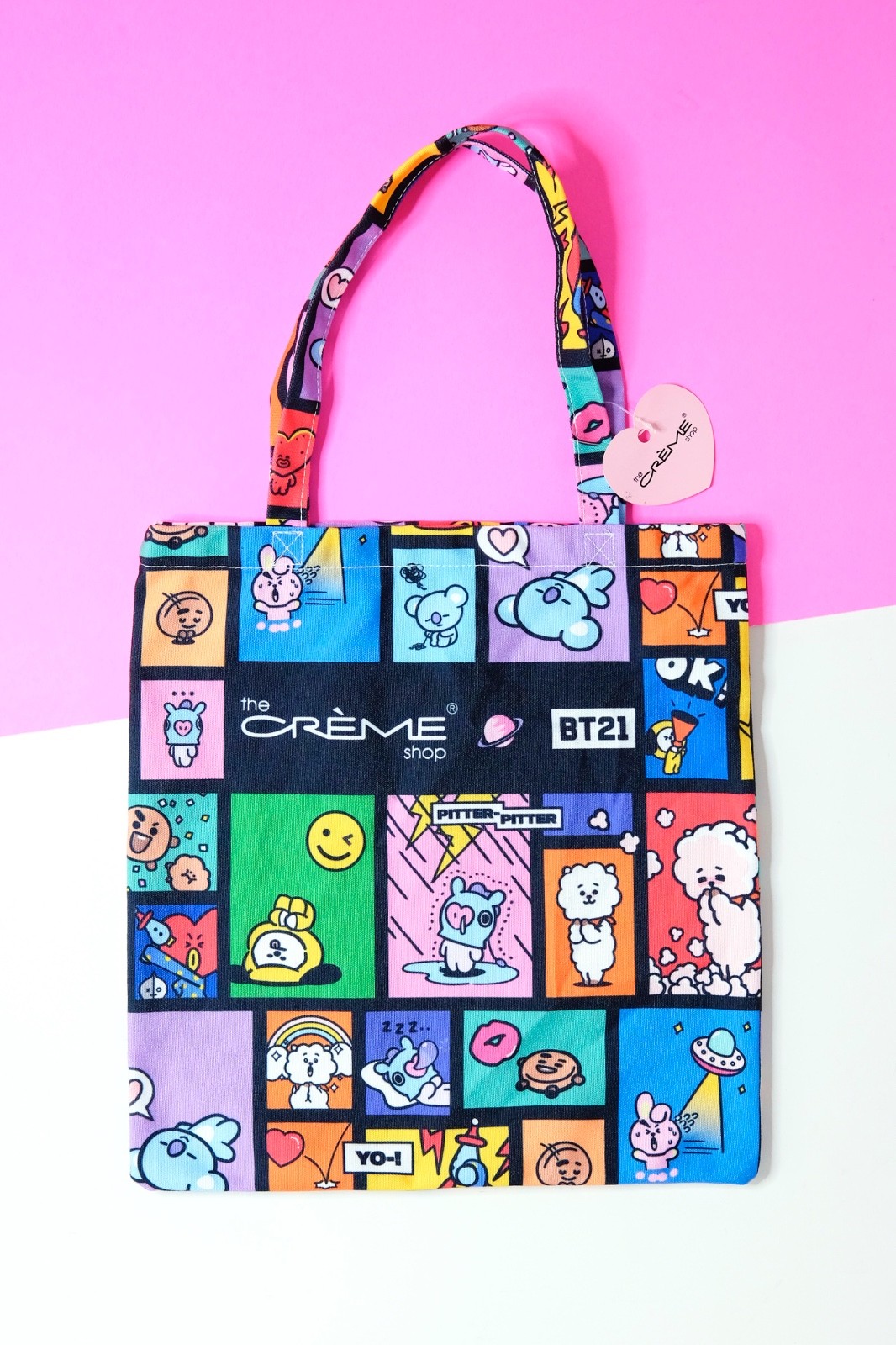 BT21 Graphic Tote Bag The Creme Shop Black Reusable Shopping Bag BTS