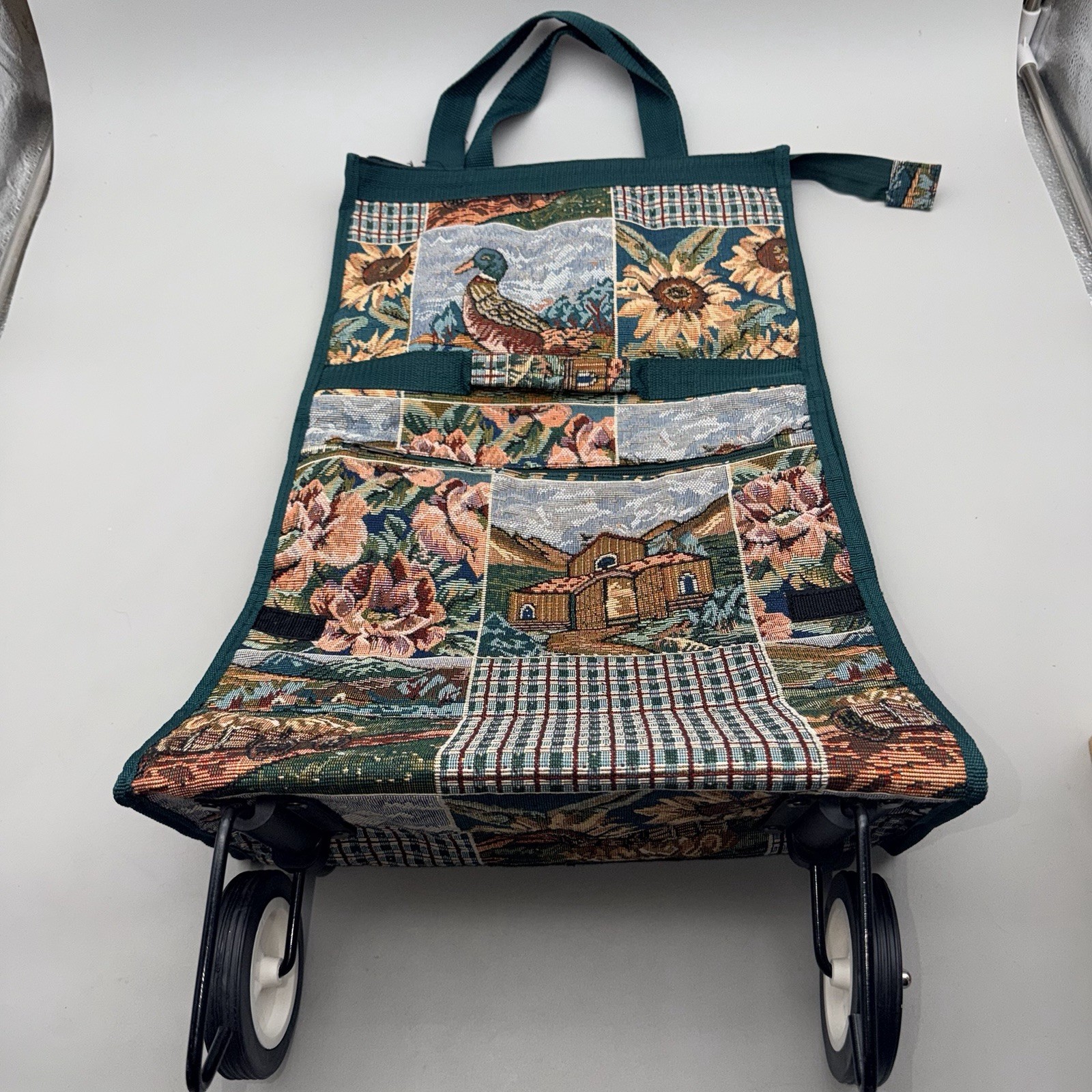 Rolling Shopping Cart Tapestry Tote Sunflower Duck Cabin Grocery Foldable NWOT