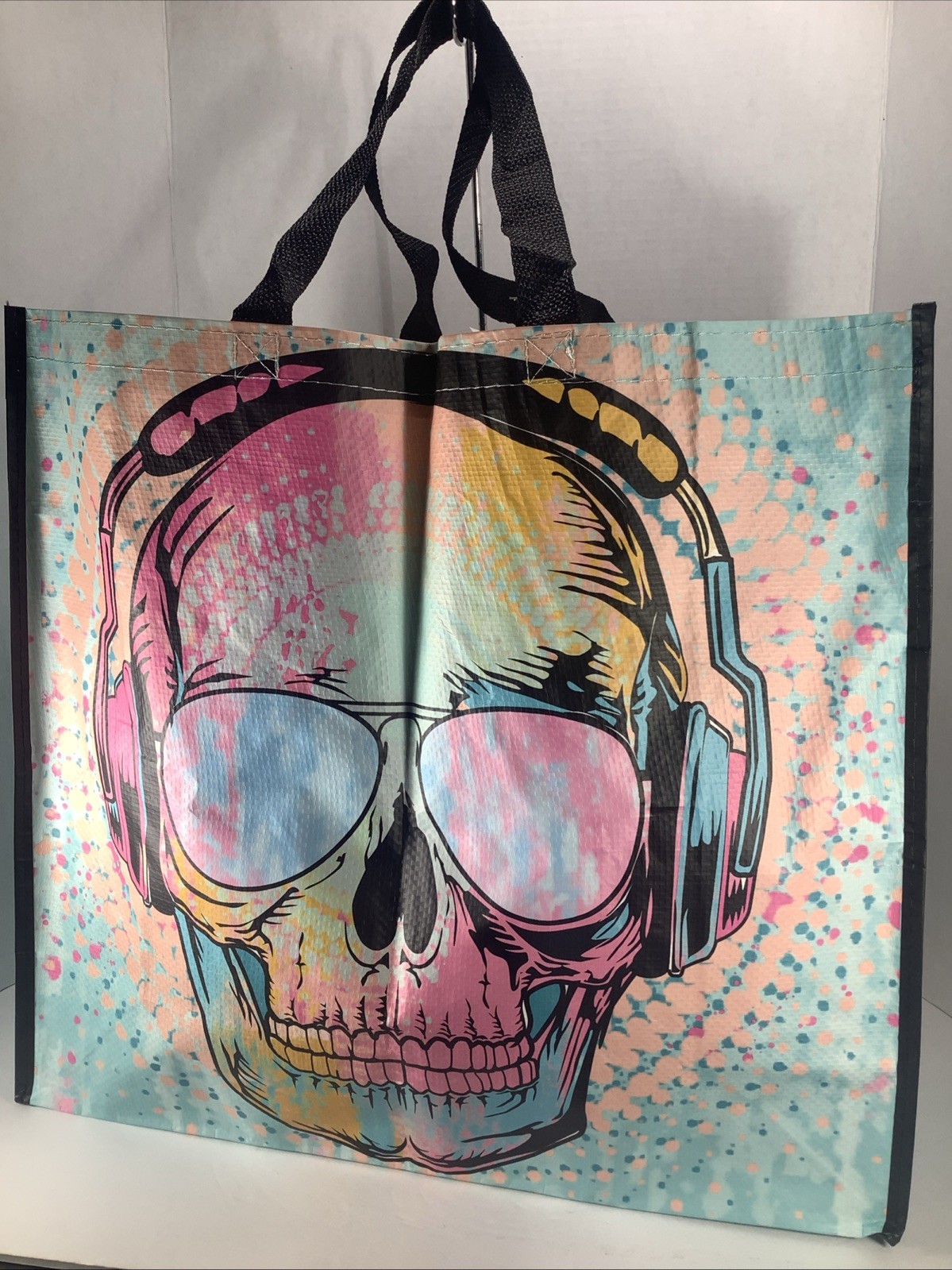 New~XL Sugar Skull w/Headphones Multi-Colored Reusable Shopping Bag -TJMax