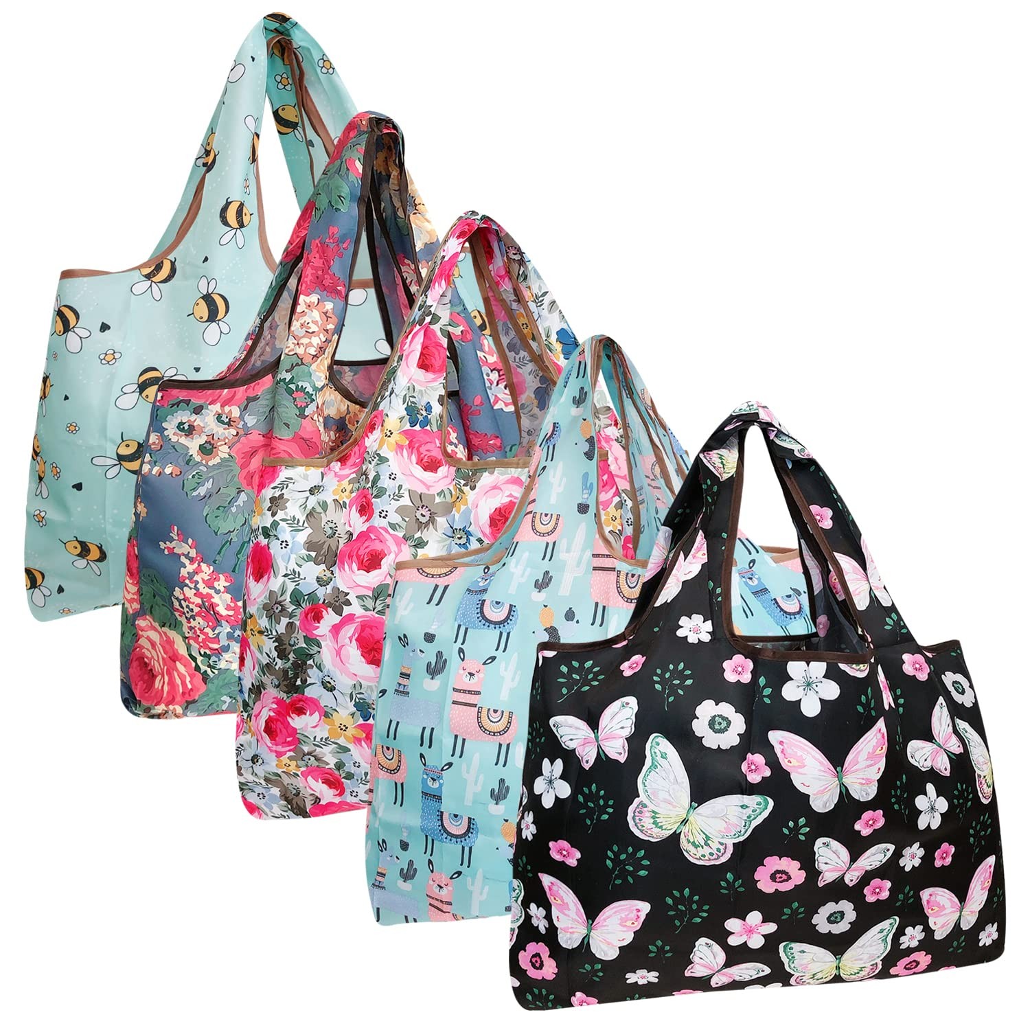 Large Foldable Tote Nylon Reusable Grocery Bags, 5 Pack, Llamas in Springtime