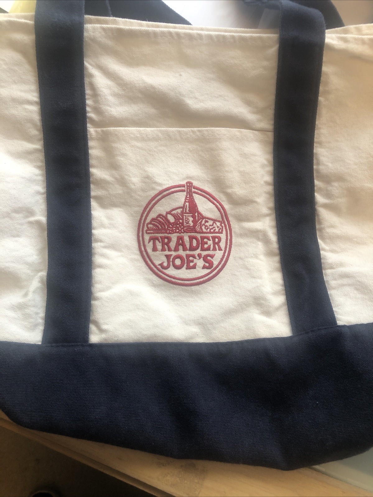 Trader Joe’s Canvas Foldable Tote Bag White Blue Straps Plain Reusable Shopping