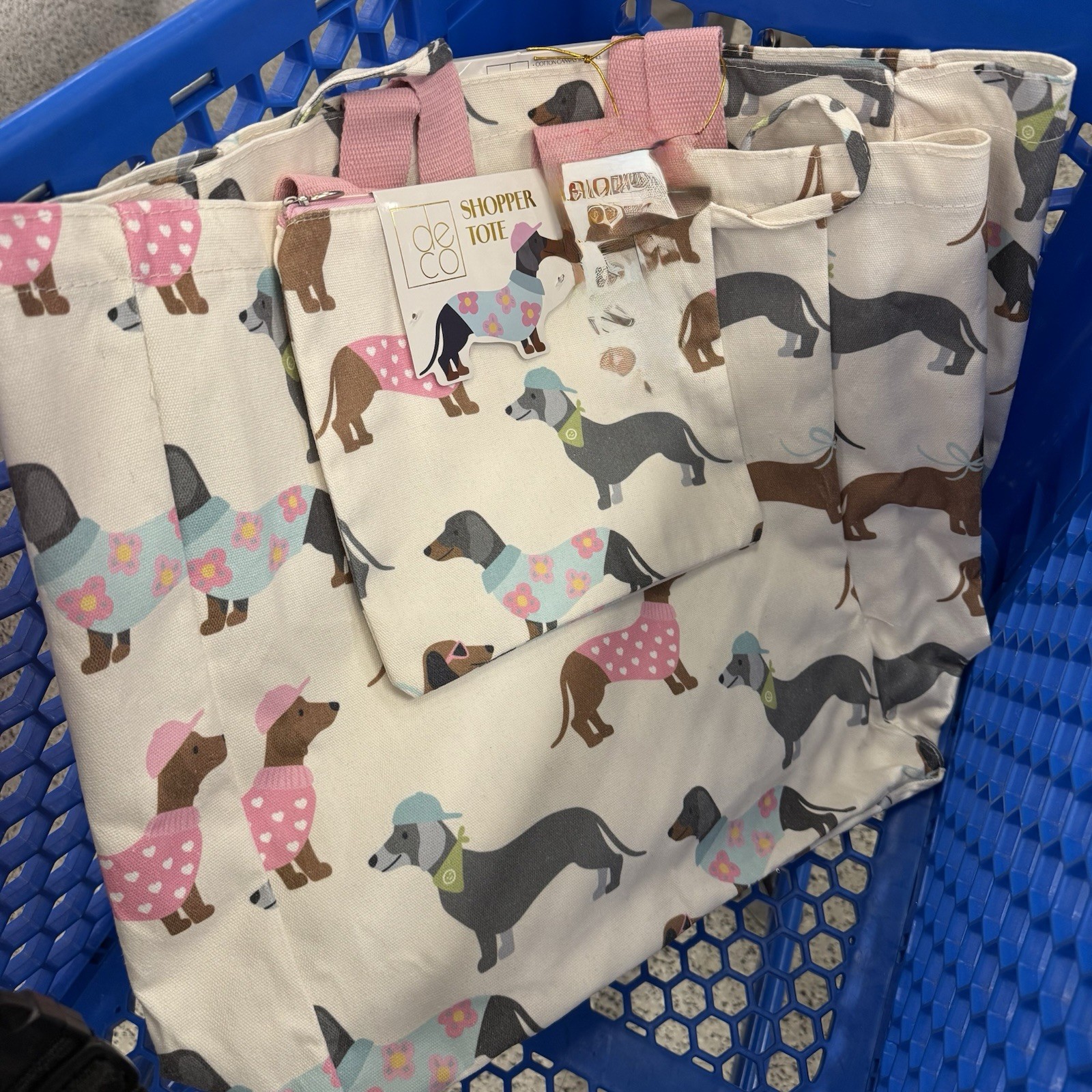NWT LARGE Canvas Dachshund Shopping Bag INCLUDING A ZIPPERED POUCH & FREE GIFT