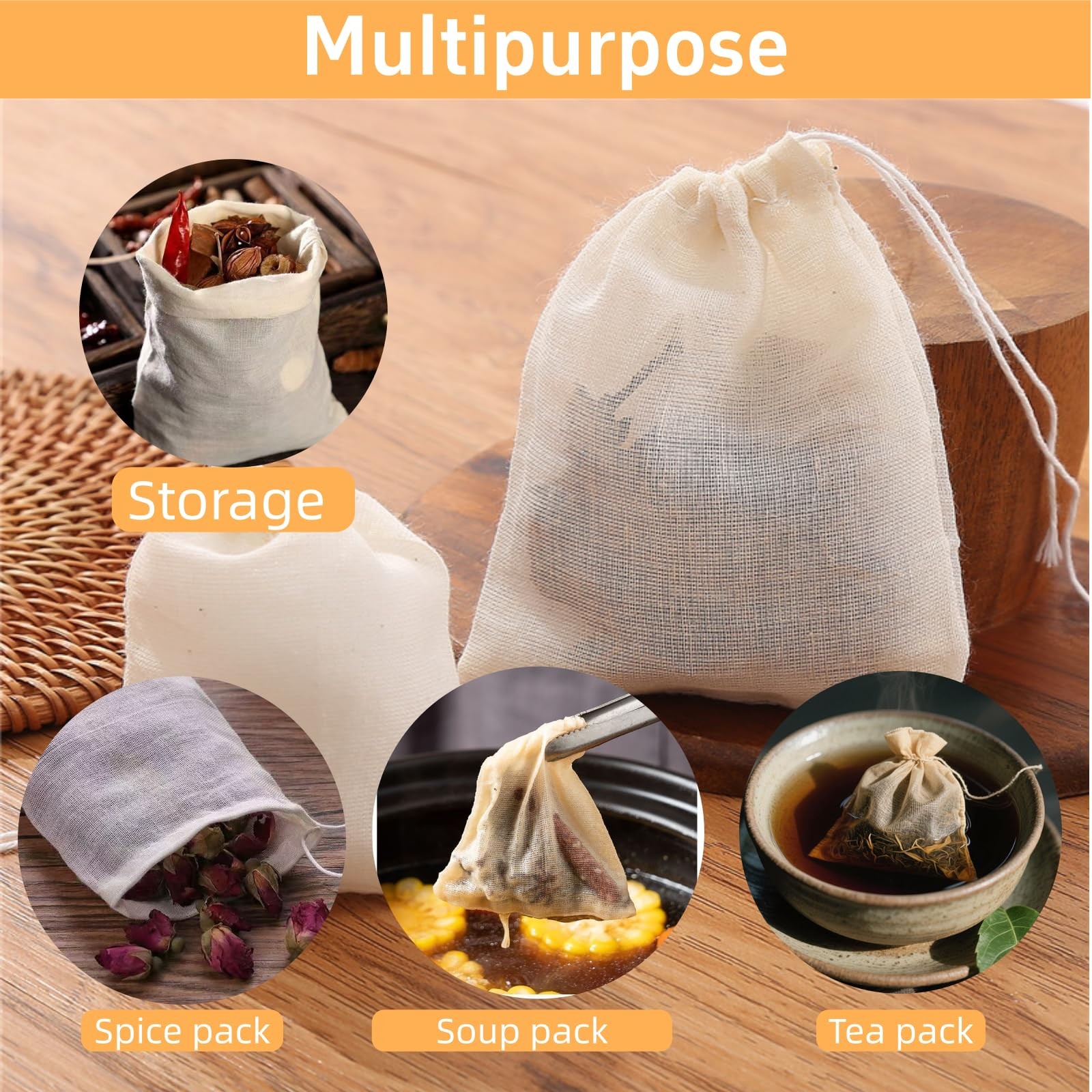 [50-Pack Natural Unbleached] Cotton Muslin Drawstring 3×4″, Cream/Tan