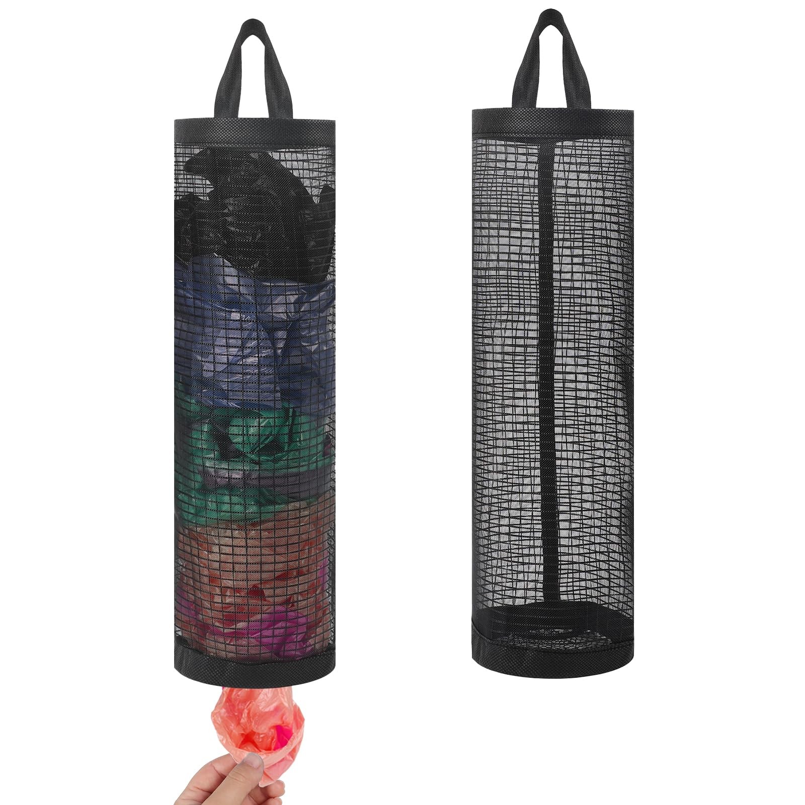 2PCS Mesh Grocery Bag Holder, Hanging Storage Dispenser 31cm/12.2in, Black